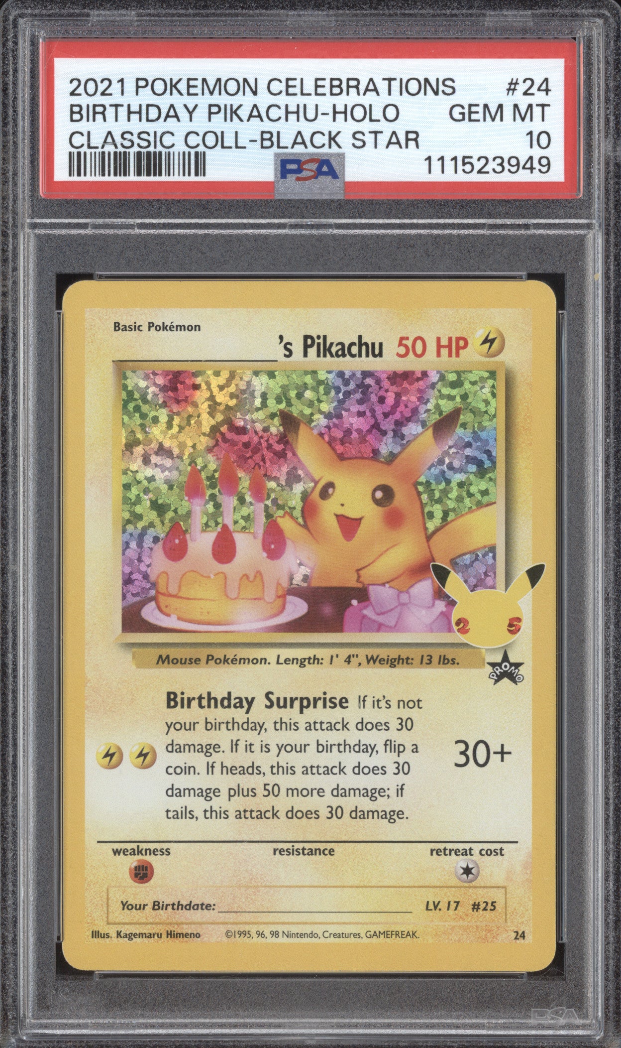 Birthday Pikachu 2021 Pokemon Celebrations 24 Classic Collection Holo PSA 10