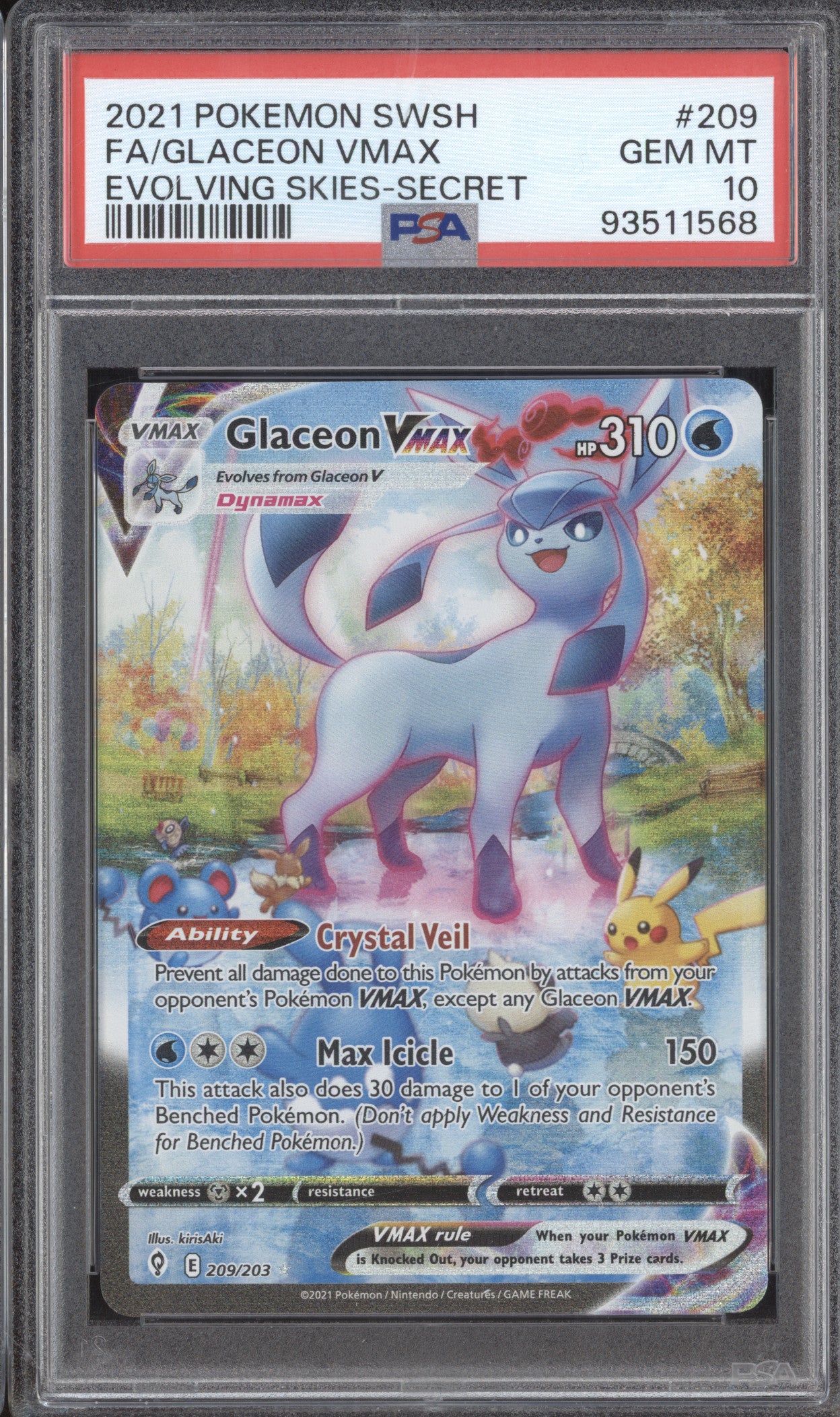 Glaceon VMax 2021 Pokemon Evolving Skies 209/203 Secret Rare PSA 10