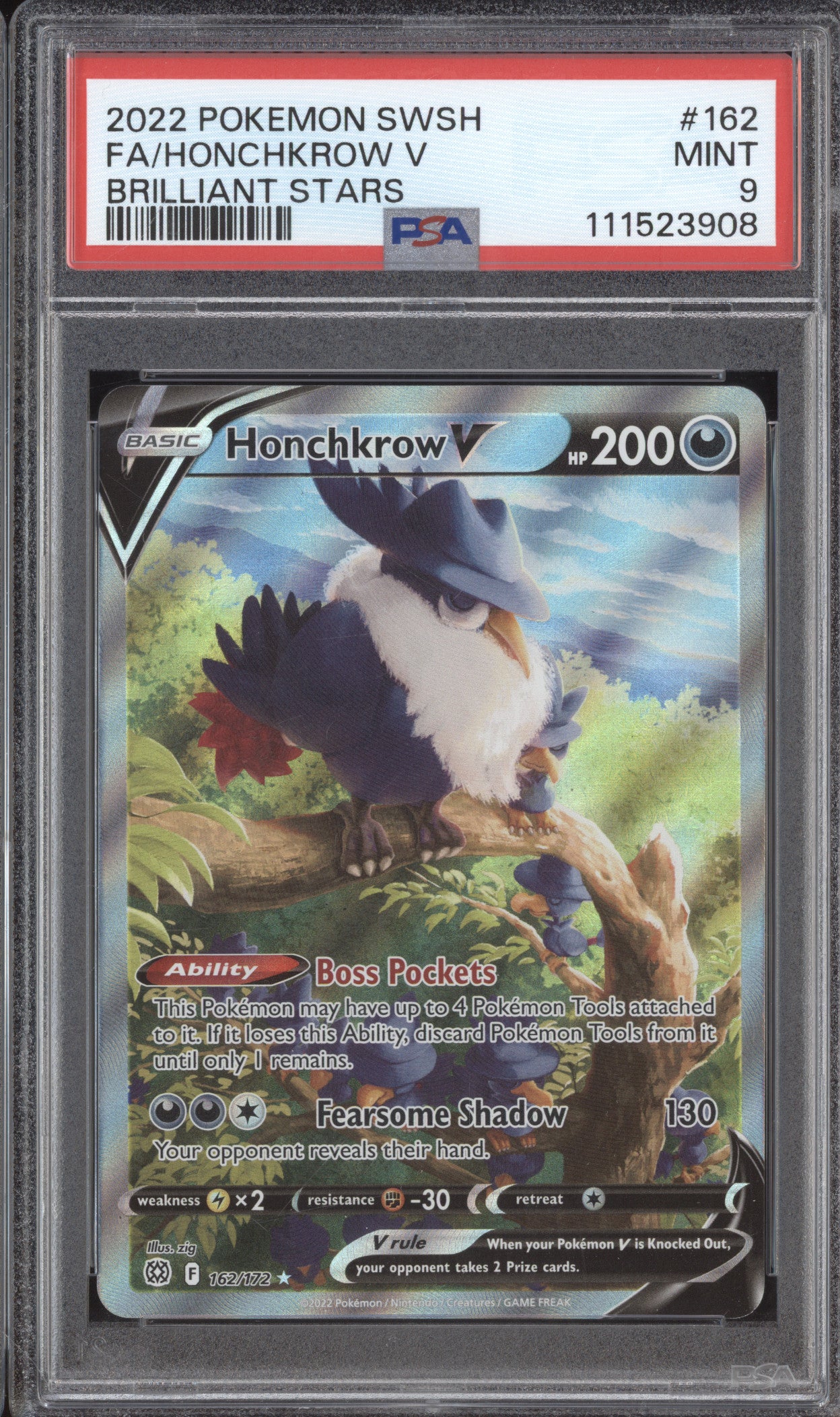 Honchkrow V 2022 Pokemon Brilliant Stars 162/172 Full Art PSA 9