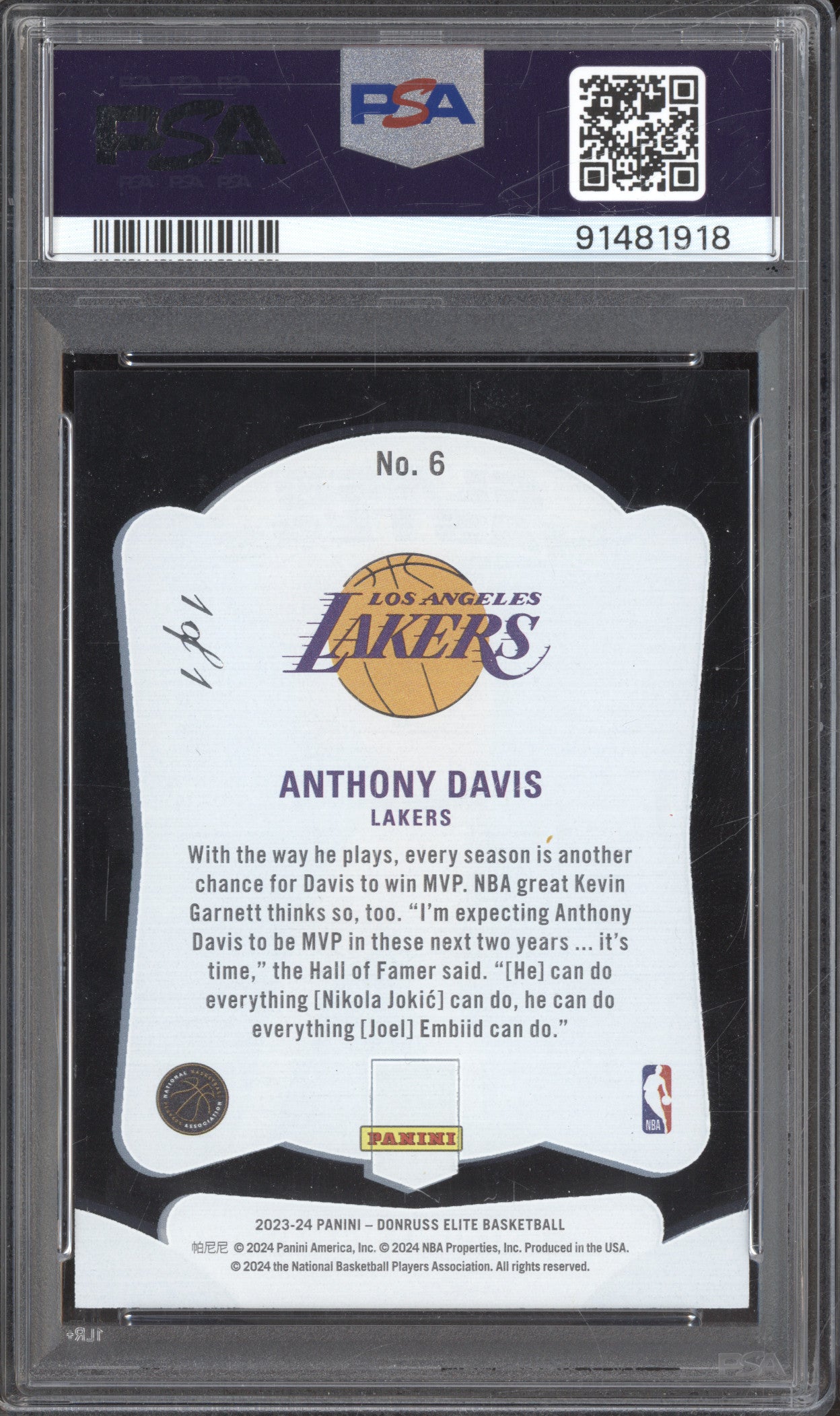 2023 Donruss Elite 6 Anthony Davis Glass Masters Black 1/1 PSA 9