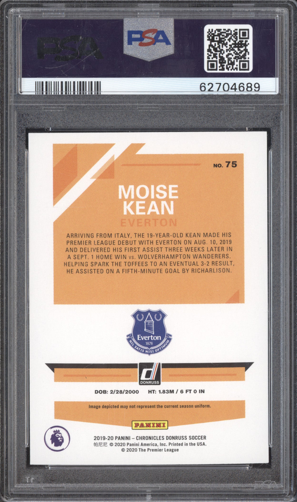 Moise Kean 2019 Panini Chronicles PL 75 Donruss PP Orange Laser RC PSA 10