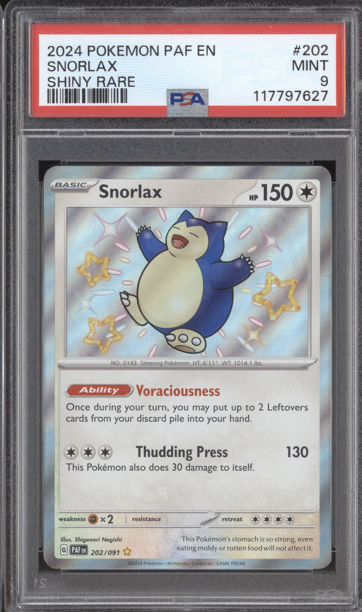 Snorlax 2024 Pokemon Paldean Fates 202/091 Shiny Rare PSA 9