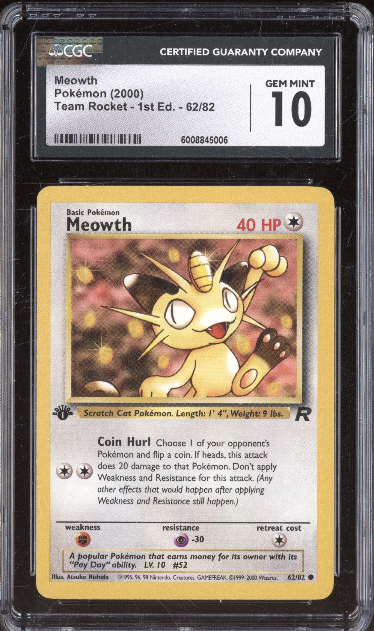 2000 Pokemon Team Rocket 62 Meowth 1st Edition CGC 10