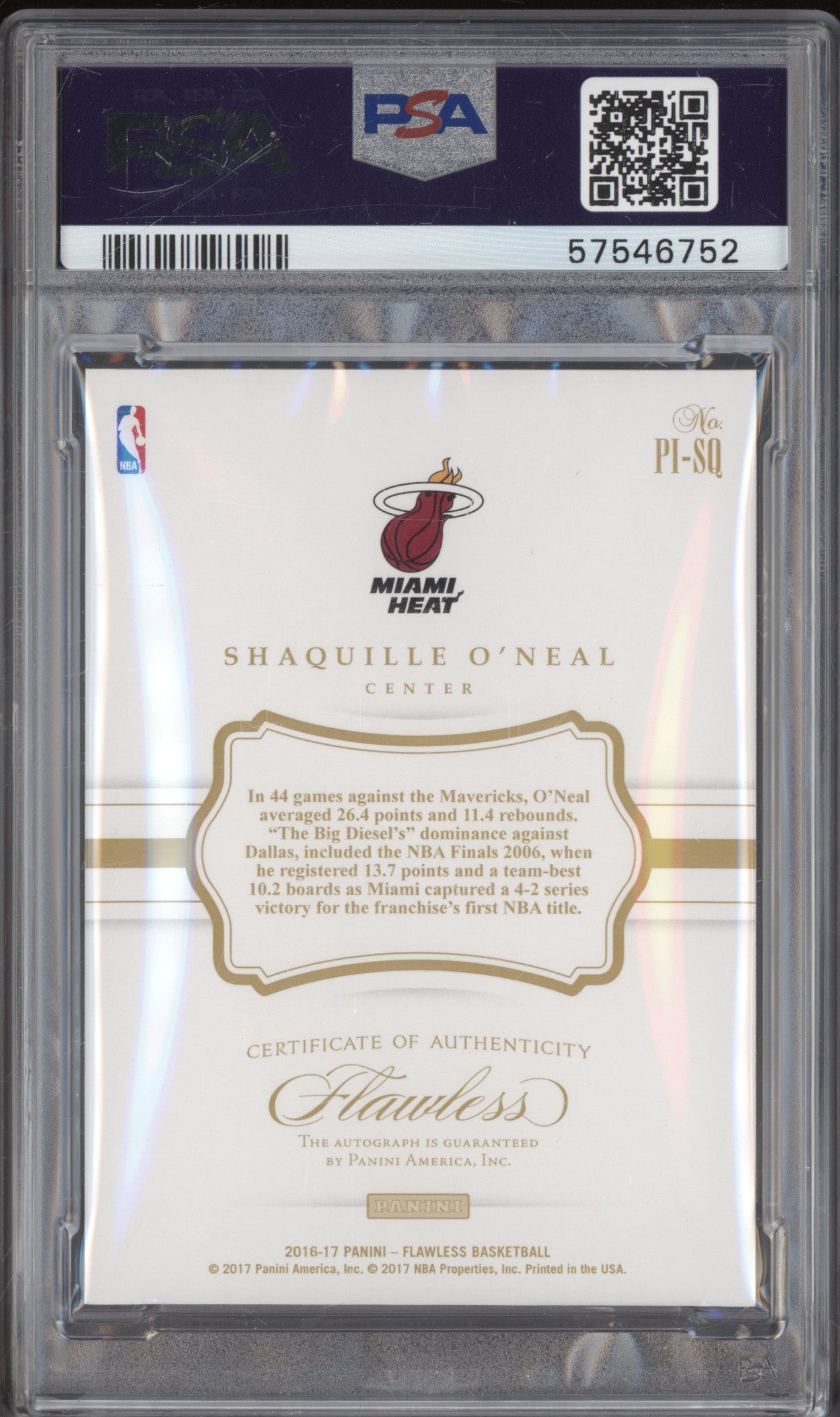 2016 Panini Flawless PI-SQ Shaquille O'Neal Premium Ink Auto /25 PSA 8