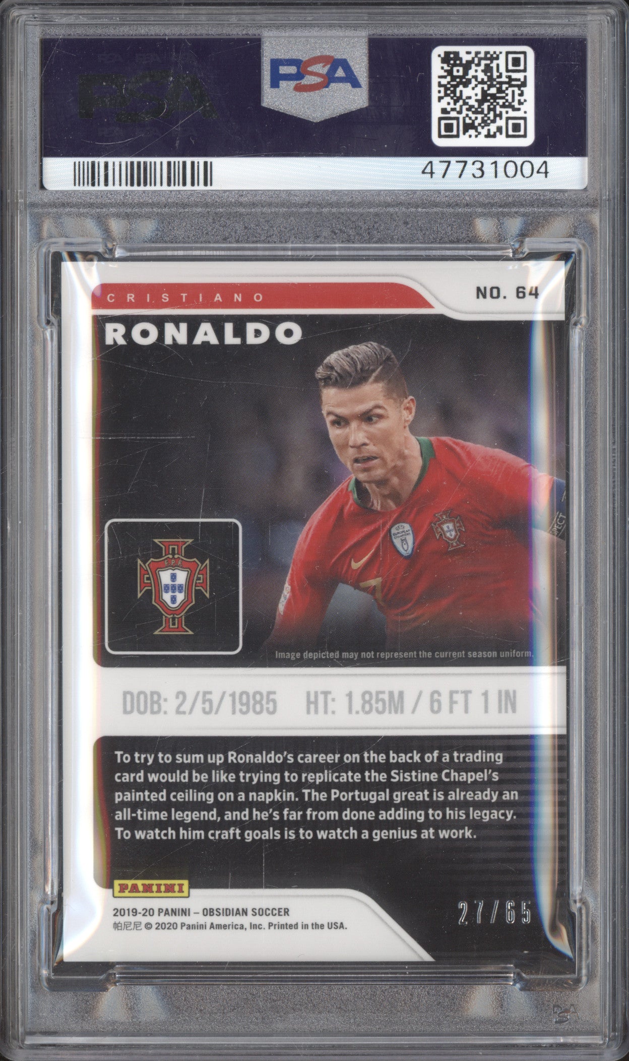 Cristiano Ronaldo 2019 Panini Obsidian 64 Purple 27/65 PSA 9