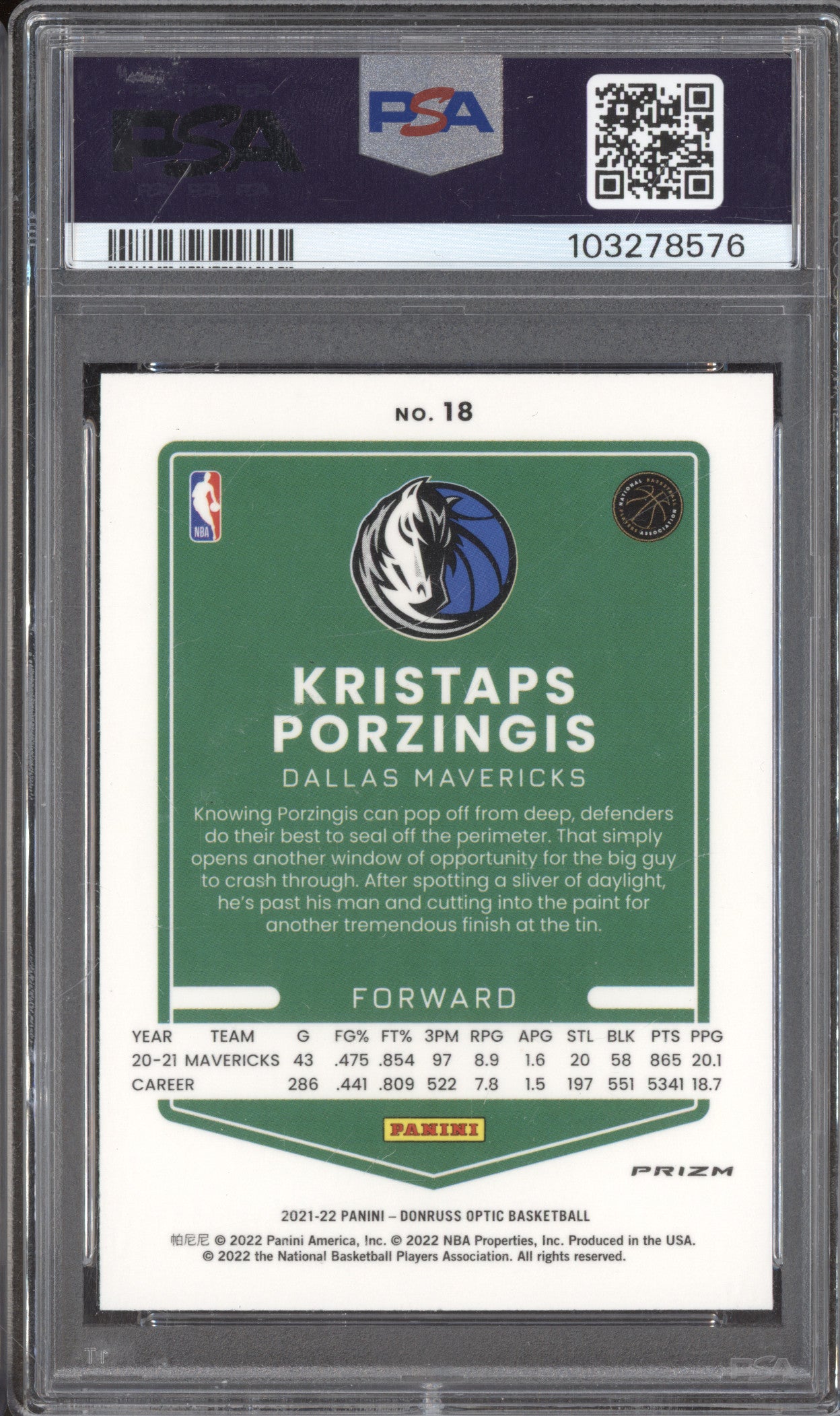 2021 Kristaps Porzingis Donruss Optic White Sparkle PSA 10