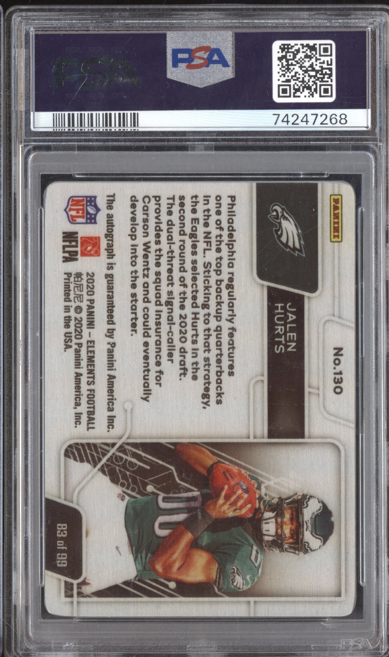 Jalen Hurts 2020 Panini Elements 130 Signature RC 83/99 PSA 8
