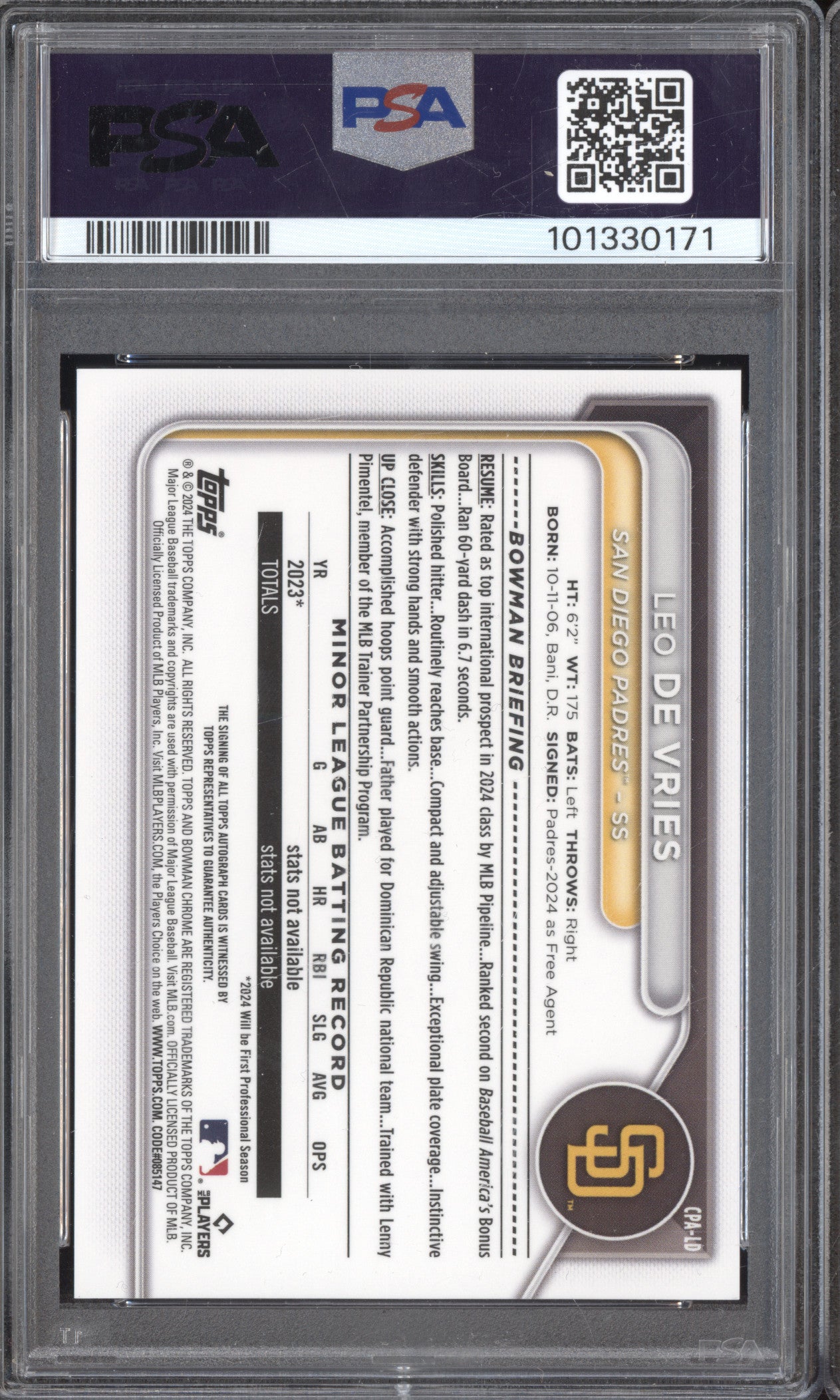 Leo De Vries 2024 Bowman Chrome CPA-LD 1st Prospect Auto RC PSA 9/10