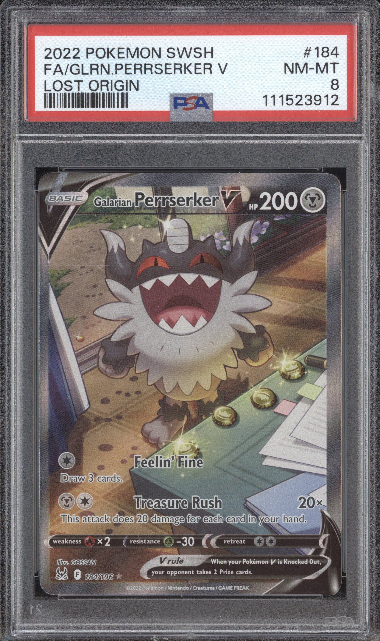 Galarian Purrserker V 2022 Pokemon Lost Origin 184/196 Alt Art PSA 8