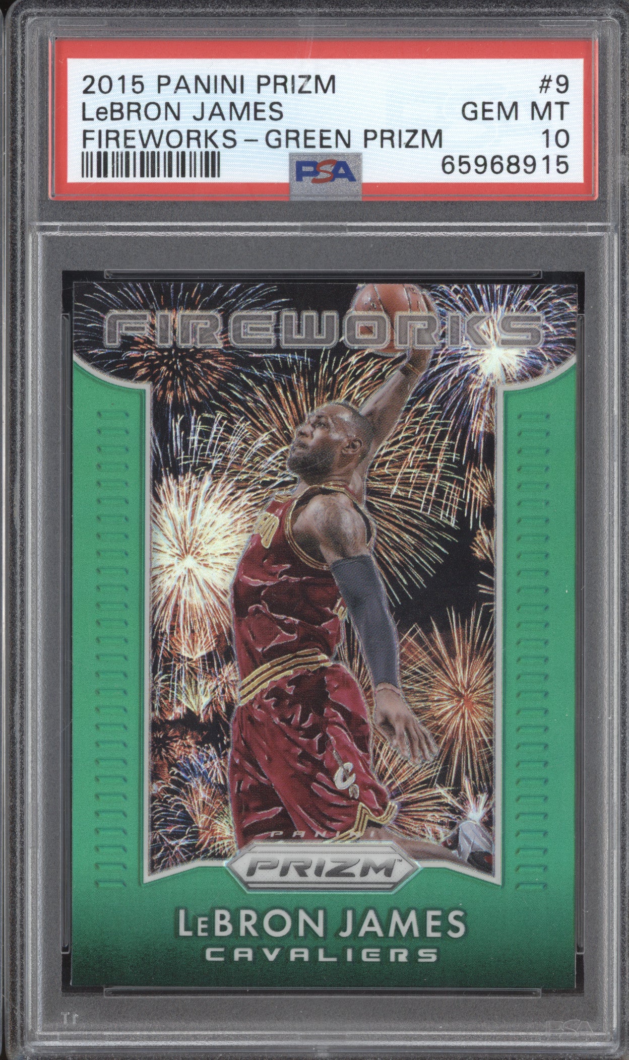 LeBron James 2015-16 Panini Prizm 9 Fireworks Green PSA 10