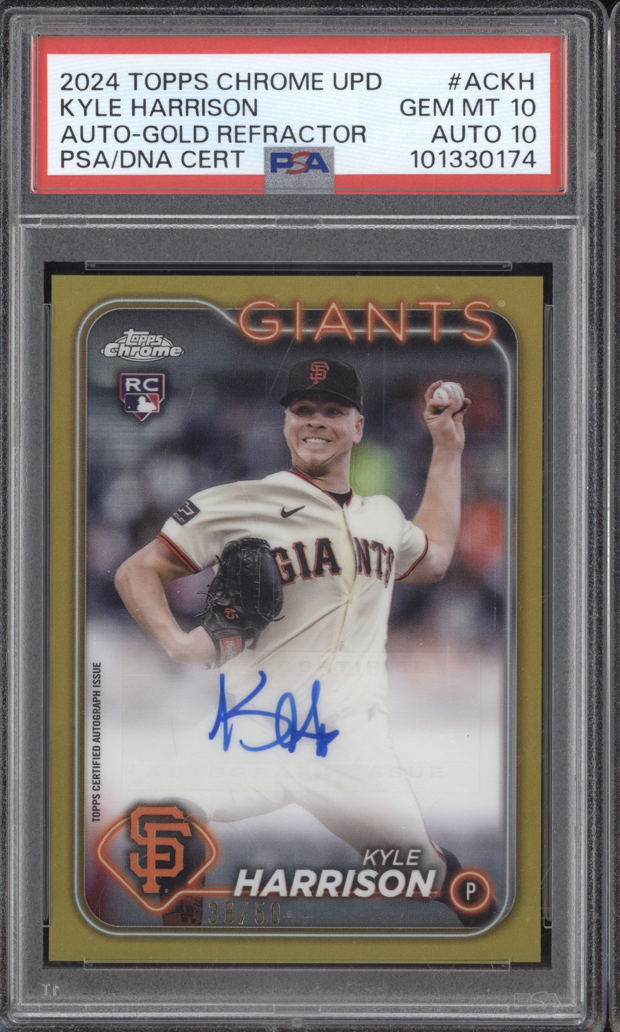 Kyle Harrison 2024 Topps Chrome Update AC-KH Gold Auto RC 38/50 PSA 10/10