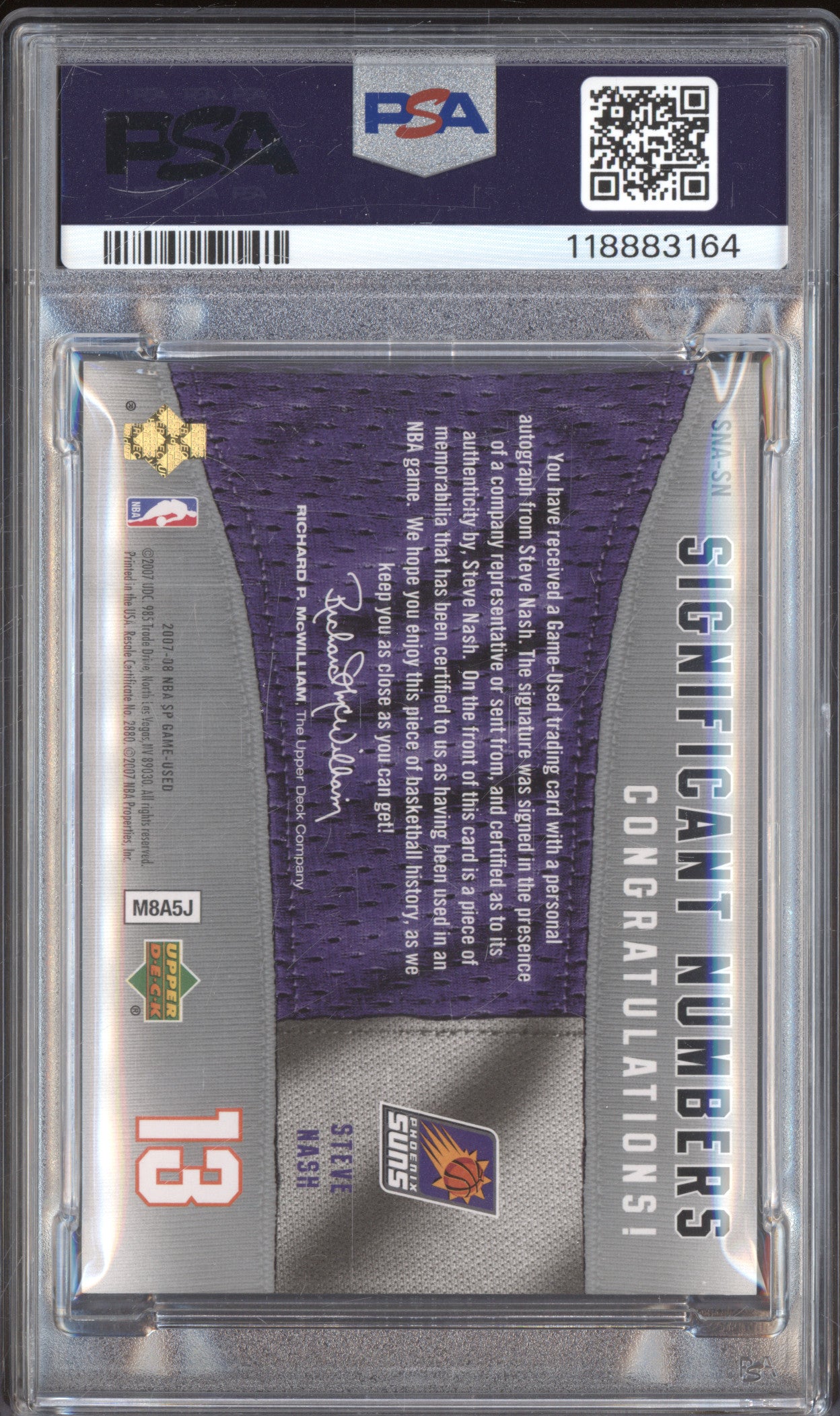 2007 Steve Nash Significant Numbers Auto SNASN /13 PSA 8 Auto 10