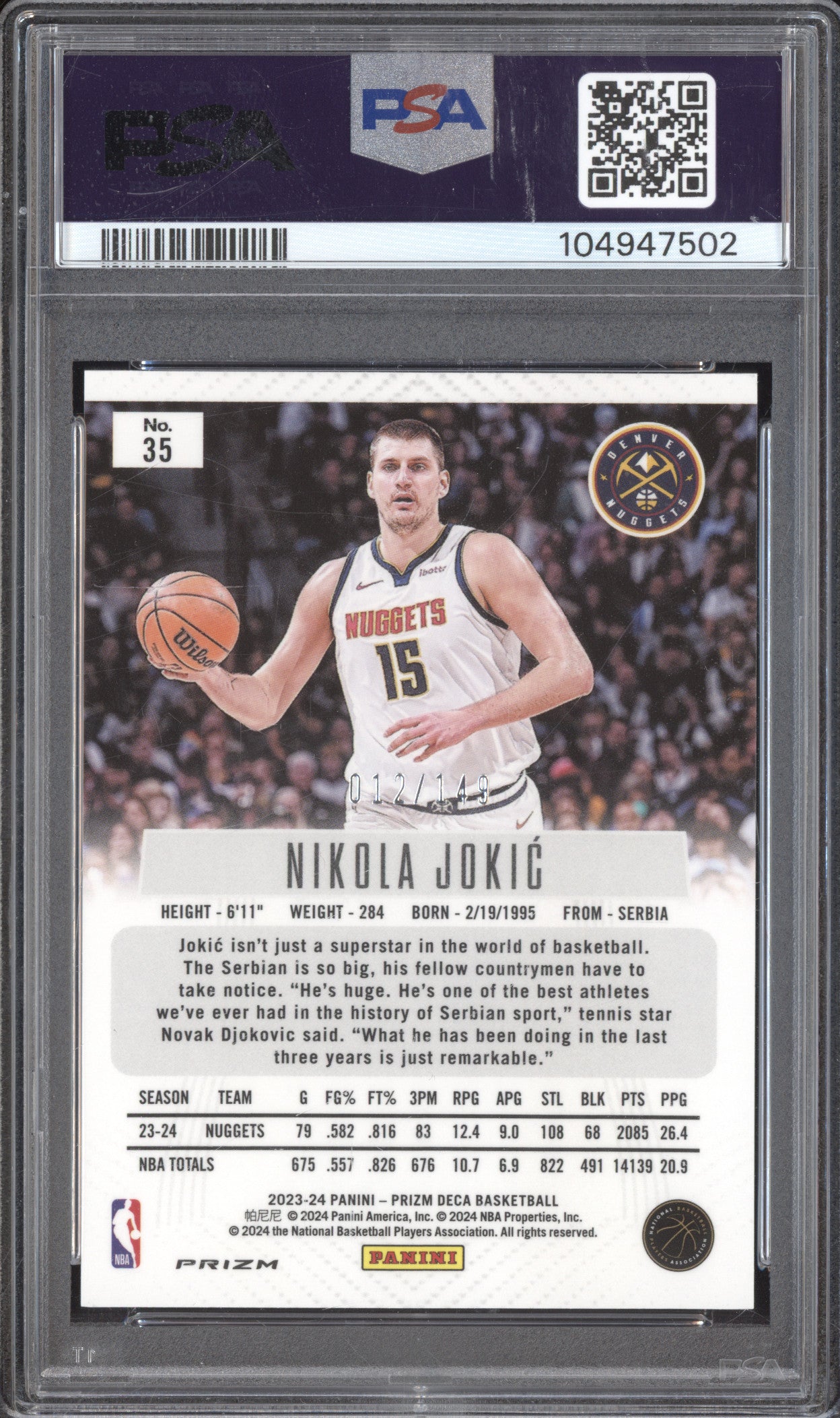 Nikola Jokic 2023-24 Panini Prizm Deca 35 Blue 12/149 PSA 10