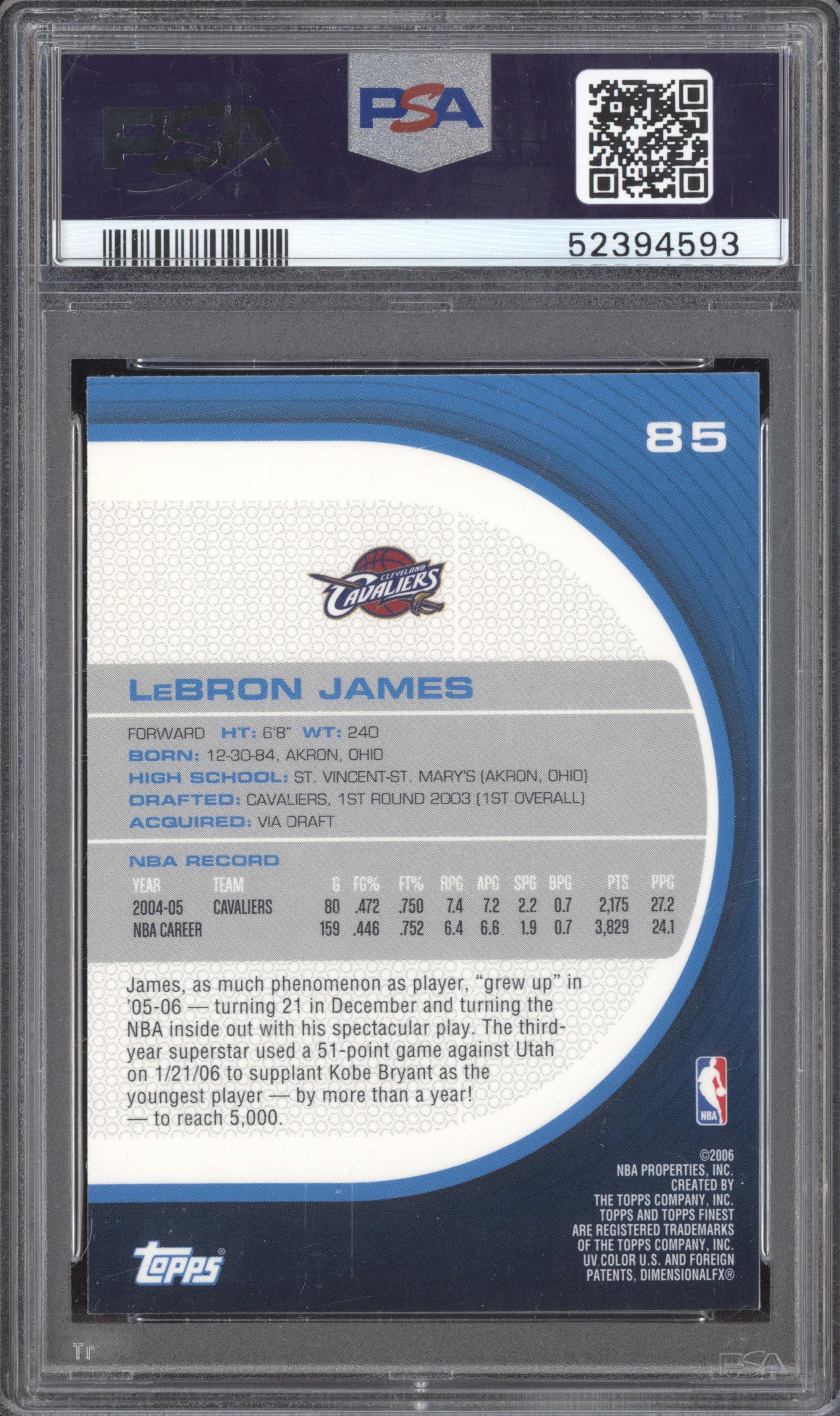 LeBron James 2005-06 Topps Finest 85 PSA 10