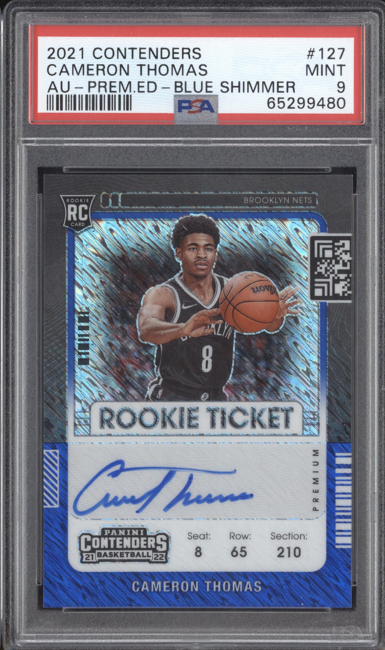 Cameron Thomas 2021 Panini Contenders 127 Prem Ed Auto Blue Shimmer RC /20 PSA 9