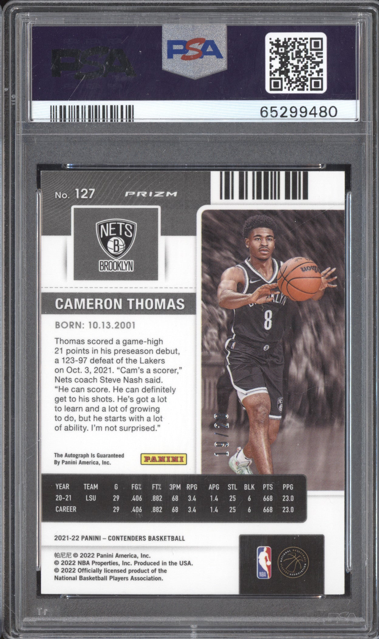 Cameron Thomas 2021 Panini Contenders 127 Prem Ed Auto Blue Shimmer RC /20 PSA 9