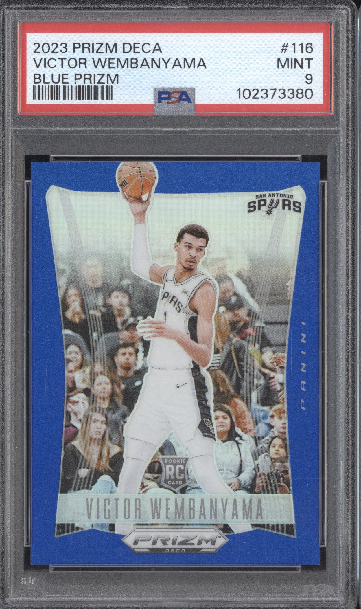 Victor Wembanyama 2023-24 Panini Prizm Deca 116 Blue RC 14/149 PSA 9