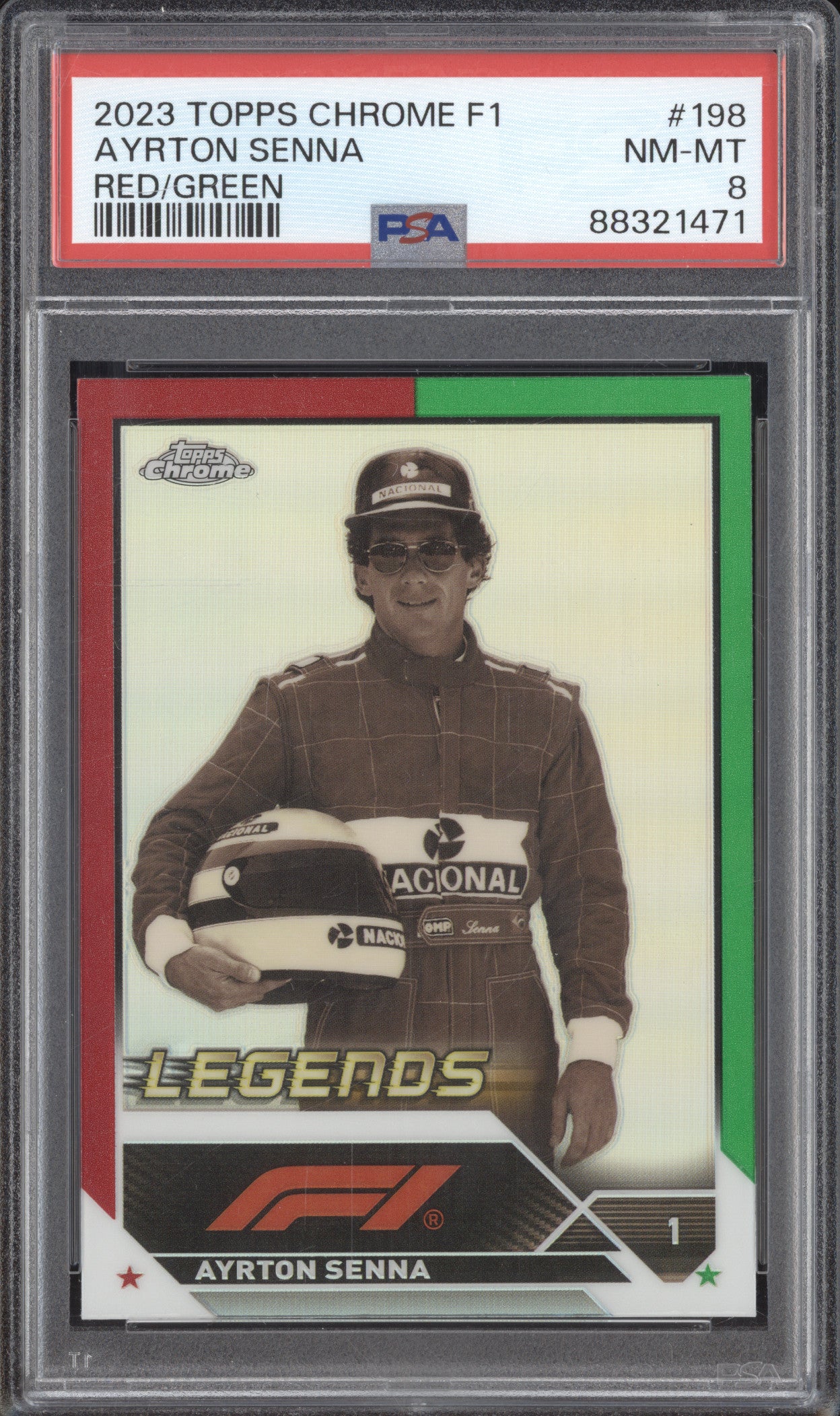 Ayrton Senna 2023 Topps Chrome 198 Red/Green PSA 8