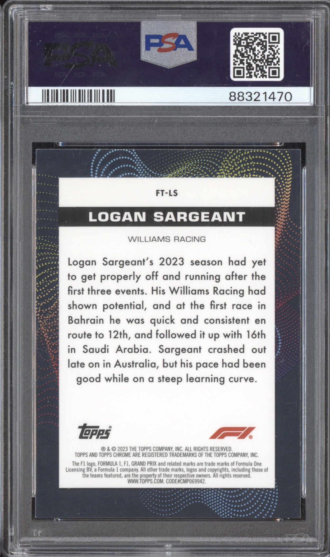 Logan Sargeant 2023 Topps Chrome FT-LS Futuro RC PSA 10