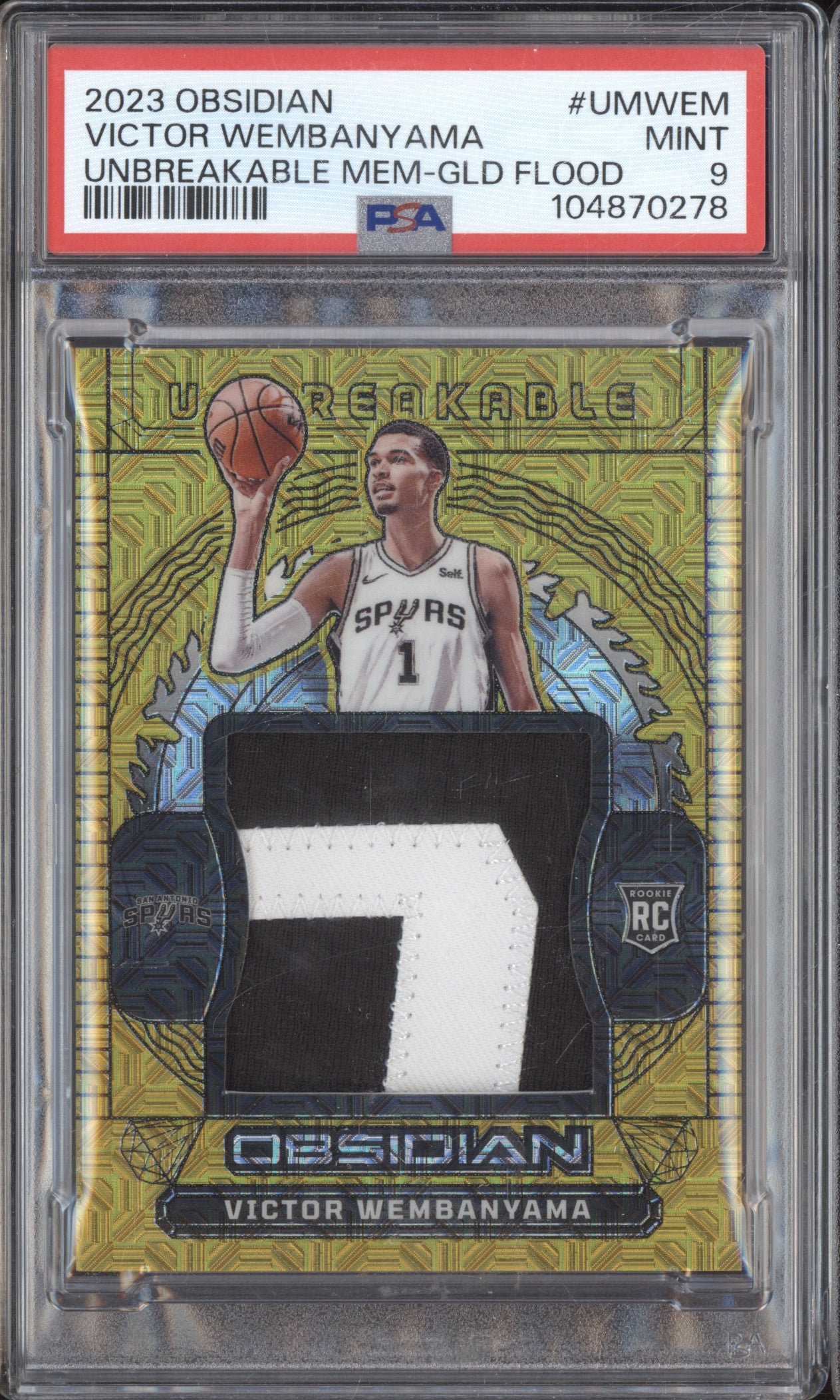 Victor Wembanyama 2023-24 Panini Obsidian UM-WEM Unbreakable Mem Gold /10 PSA 9