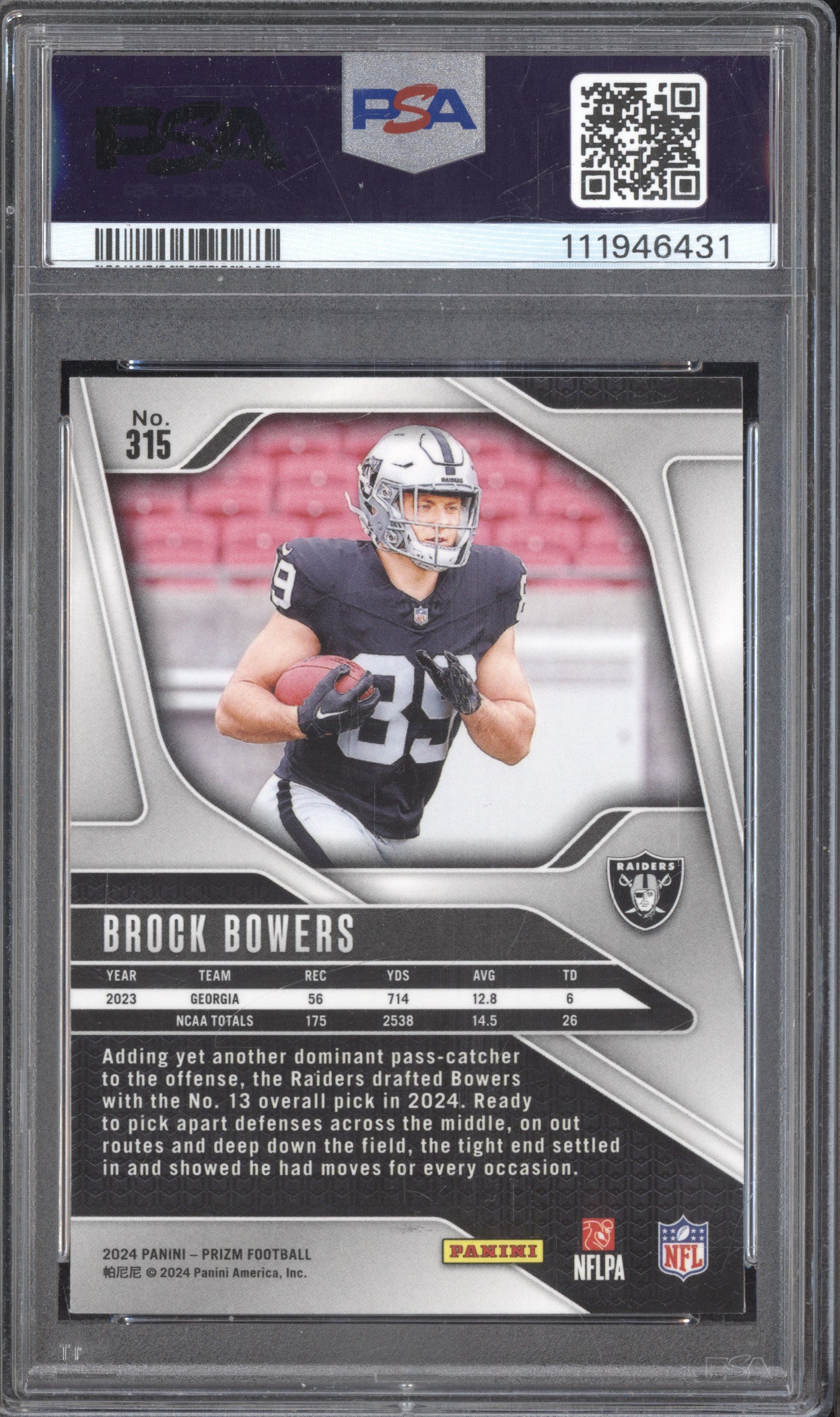 Brock Bowers 2024 Panini Prizm 315 RC PSA 10
