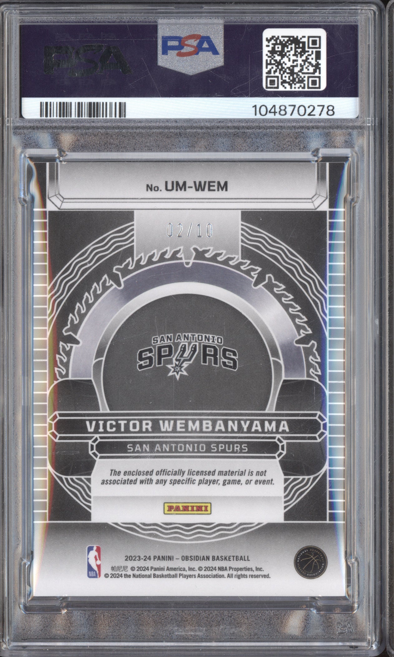 Victor Wembanyama 2023-24 Panini Obsidian UM-WEM Unbreakable Mem Gold /10 PSA 9