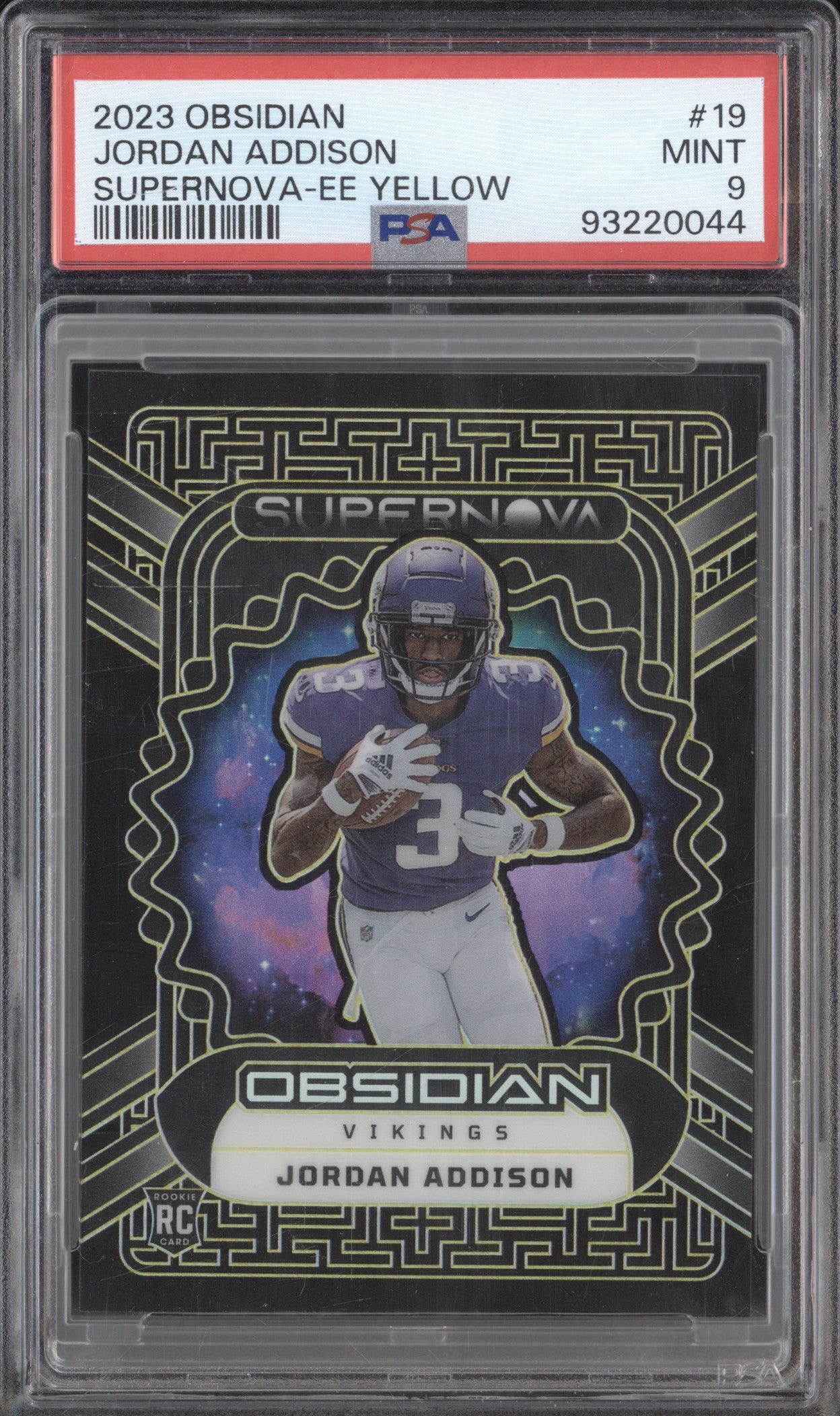 Jordan Addison 2023 Panini Obsidian 19 Supernova EE Yellow RC 5/25 PSA 9