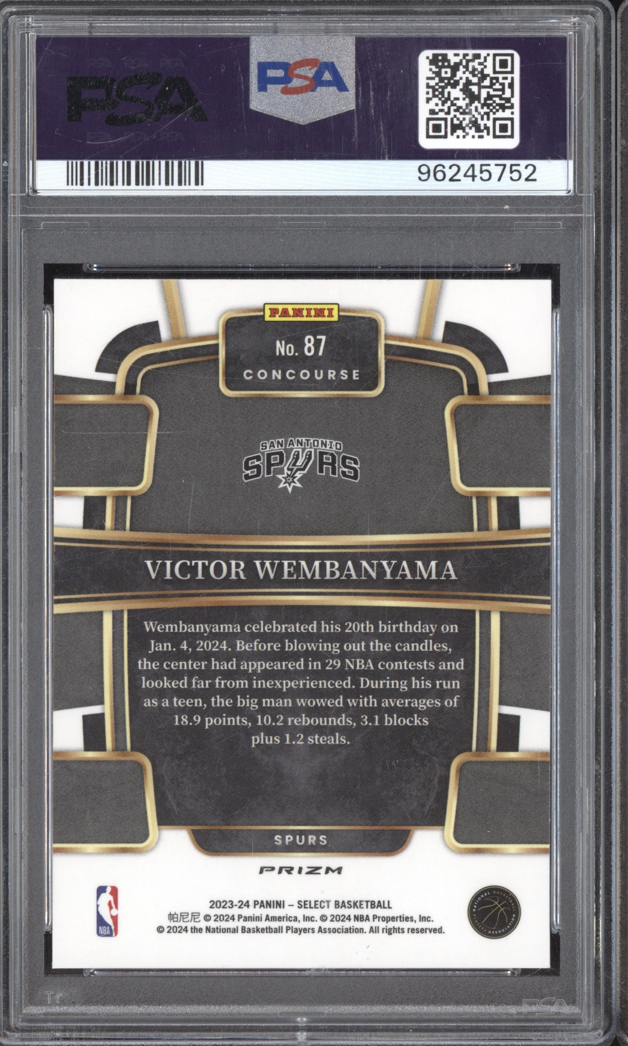 Victor Wembanyama 2023-24 Panini Select 87 Tectonic RC PSA 10