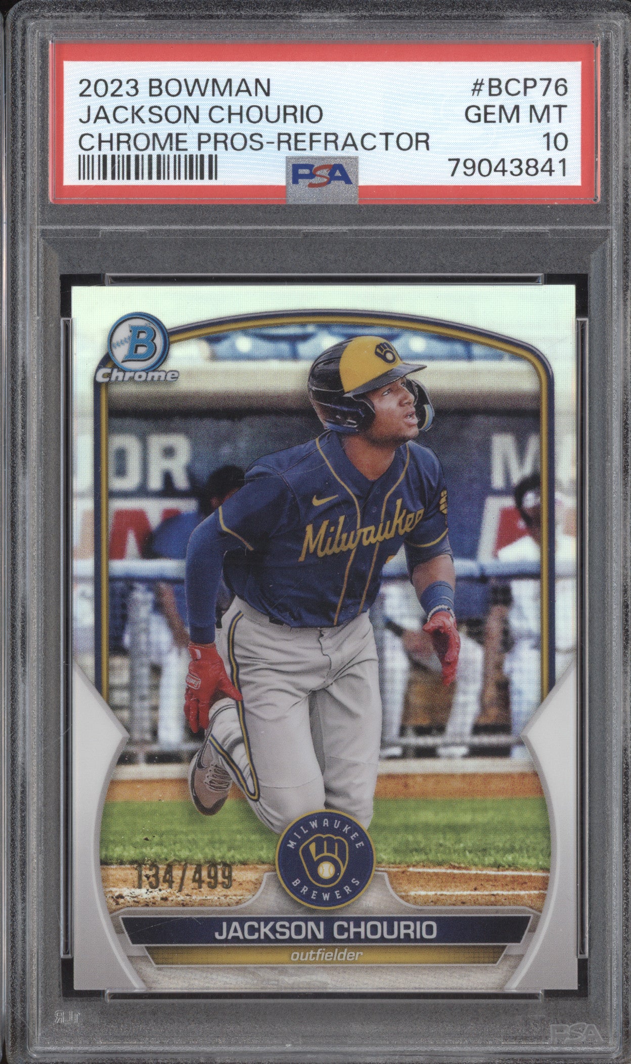 Jackson Chourio 2023 Bowman  BCP-76 Chrome Prospect Refractor 134/499 PSA 10