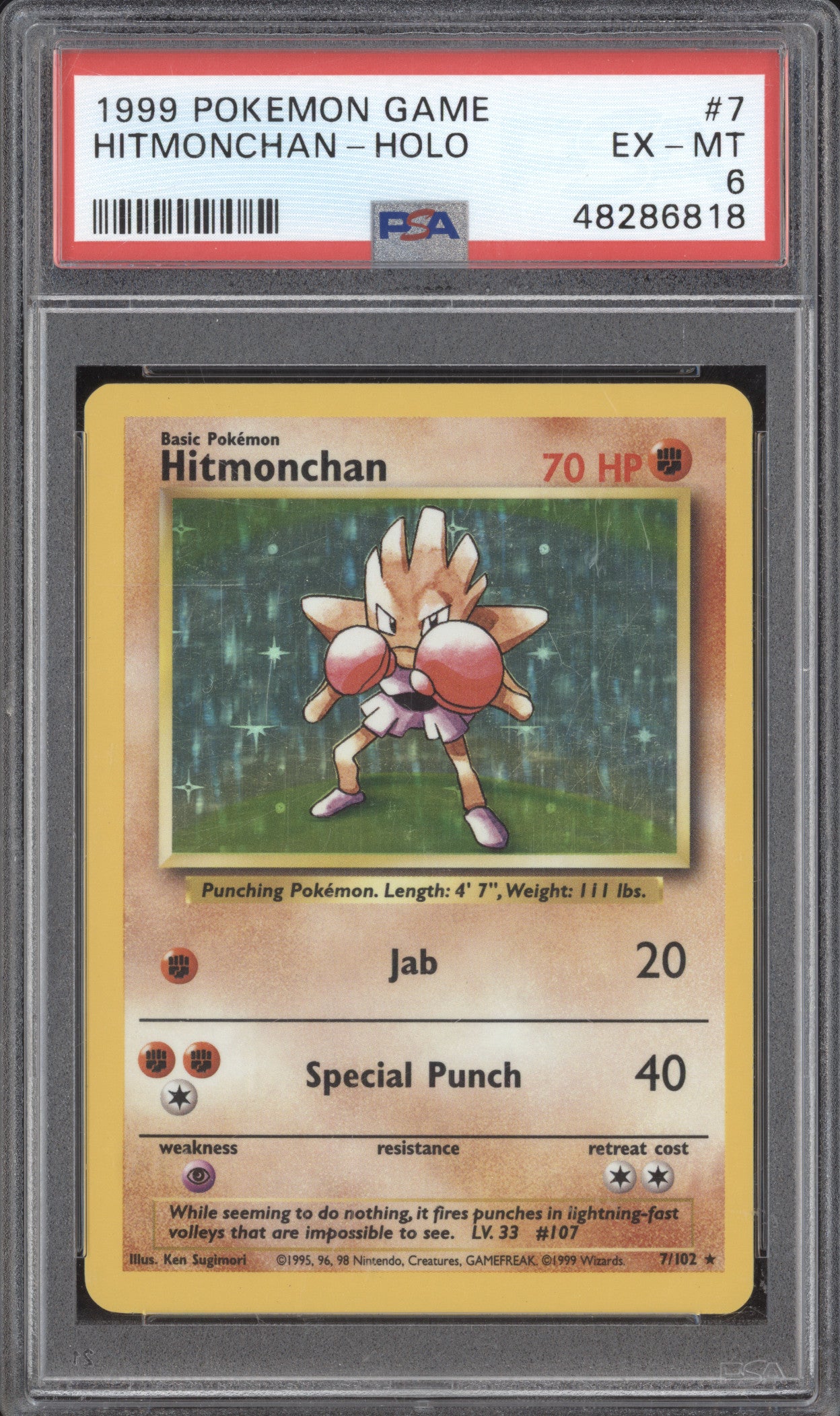 Hitmonchan 1999 Pokemon Base Set 7/102 Holo PSA 6