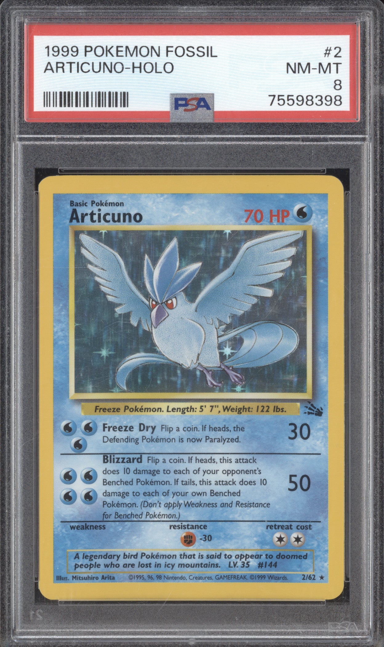 Articuno 1999 Pokemon Fossil 2/62 Holo PSA 8