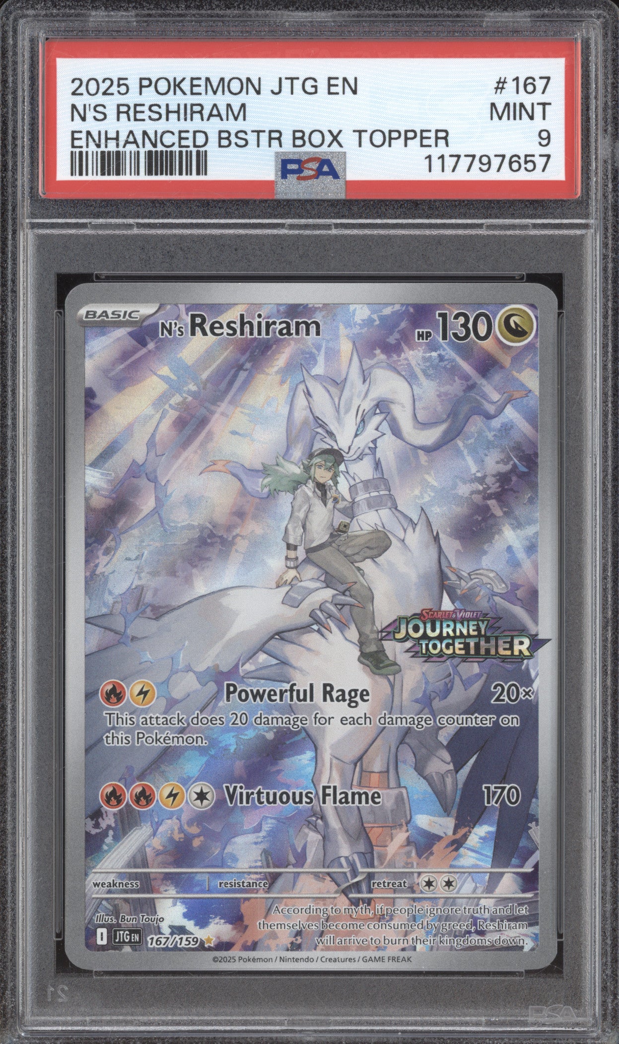 N's Reshiram 2025 Pokemon Journey Together 167/159 Booster Box Topper PSA 9