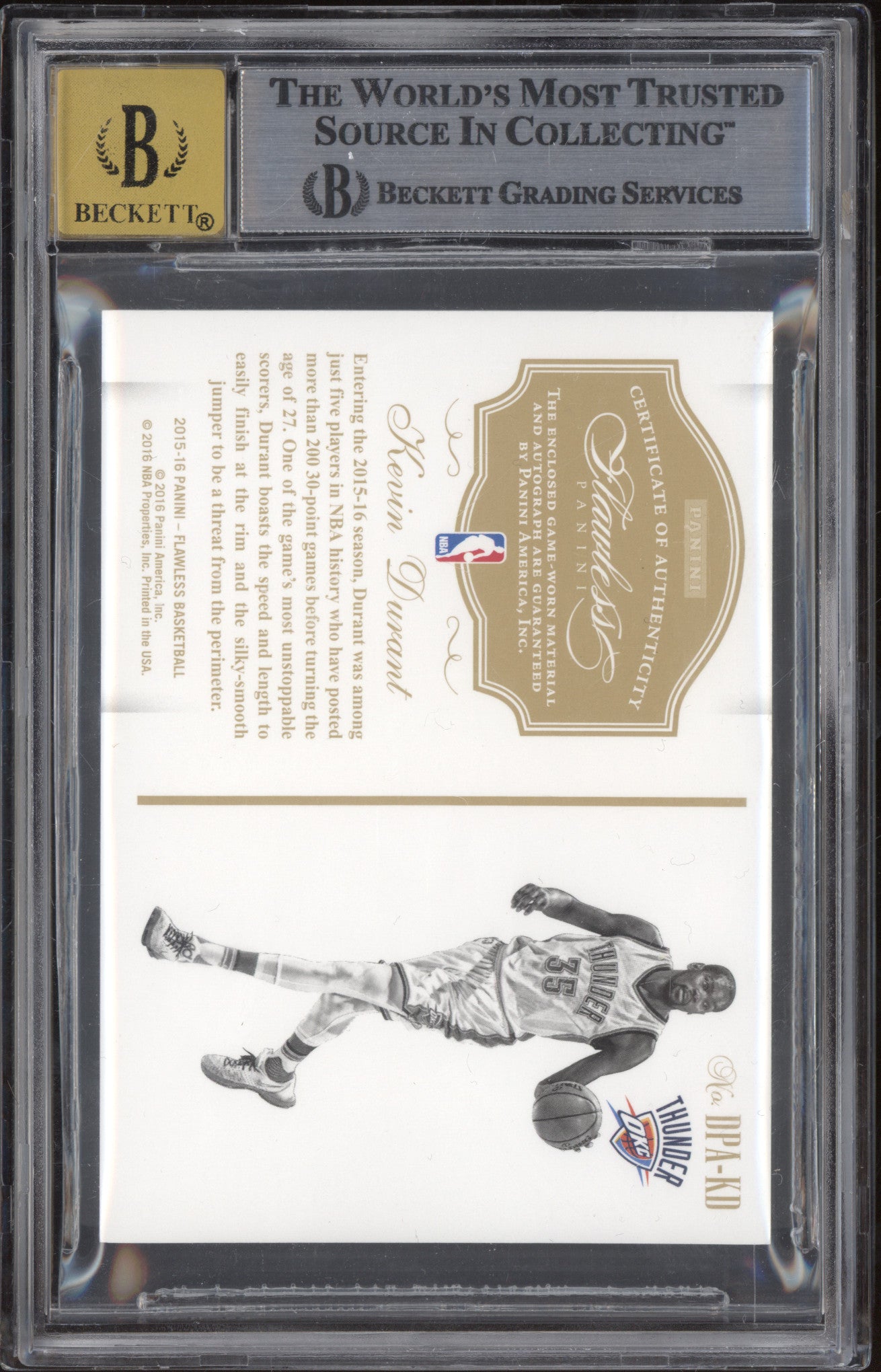 Kevin Durant 2015-16 Panini Flawless DPA-KD Dual Patch Auto 10/25 BGS 9/10