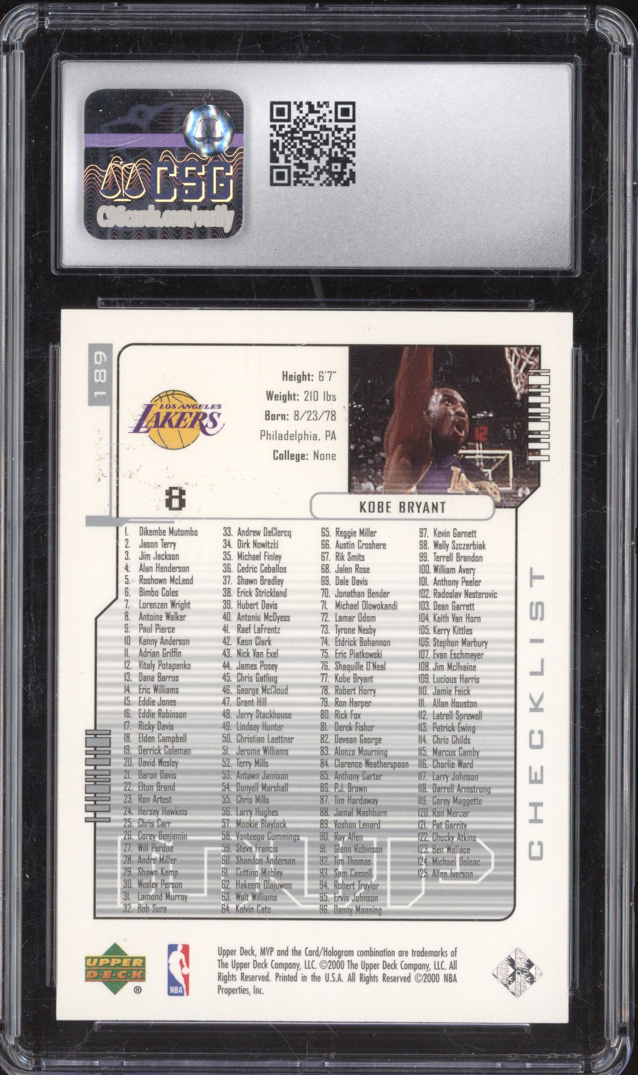 Kobe Bryant 2000-01 Upper Deck MVP 189 Silver Script CSG 8.5