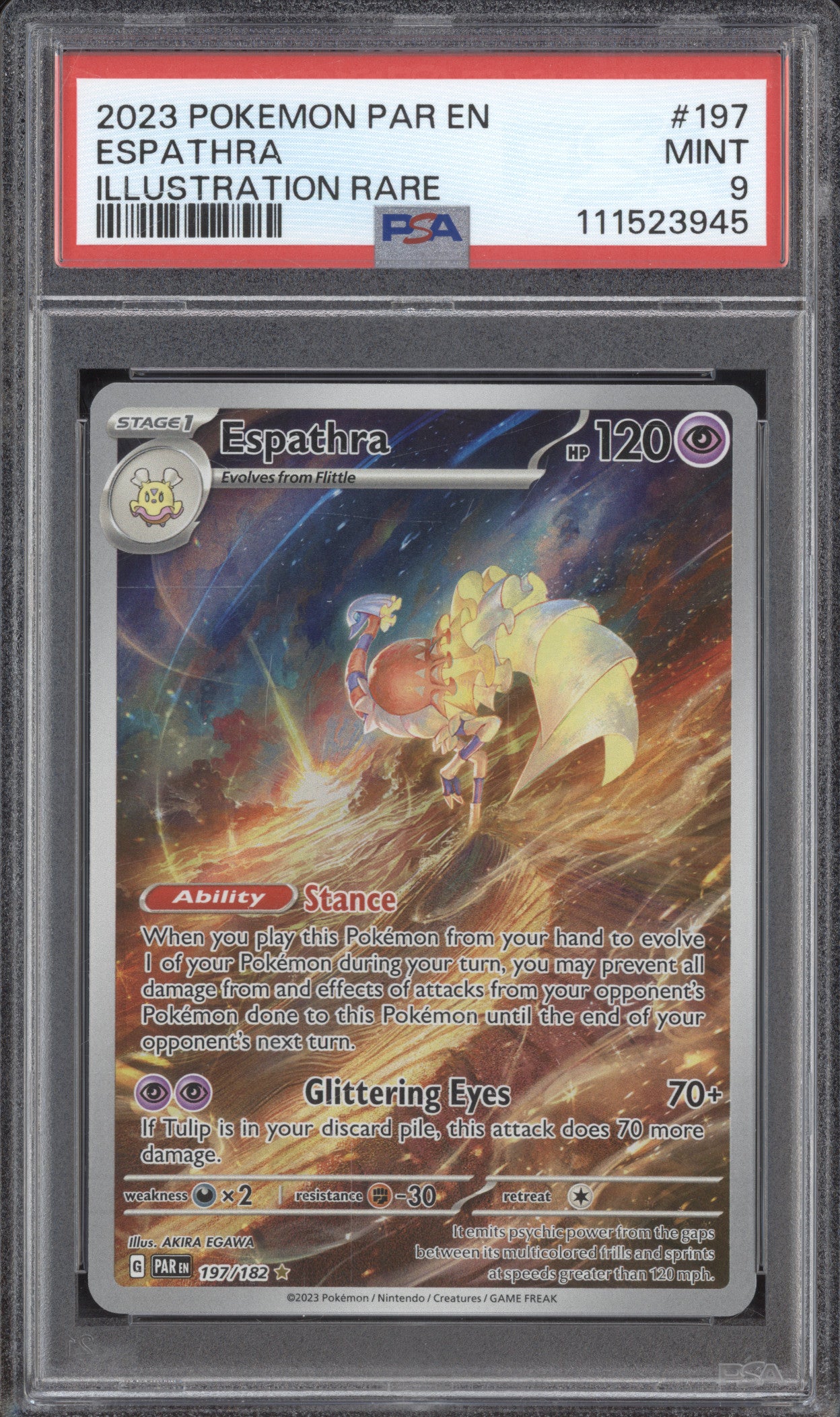 Espathra 2023 Pokemon Paradox Rift 197/182 Illustration Rare PSA 9