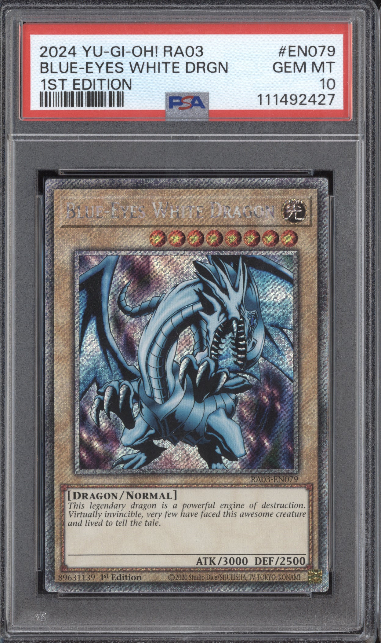 Blue-Eyes White Dragon  YuGiOh QC Bonanza RA03-EN079 1st Edition PSA 10