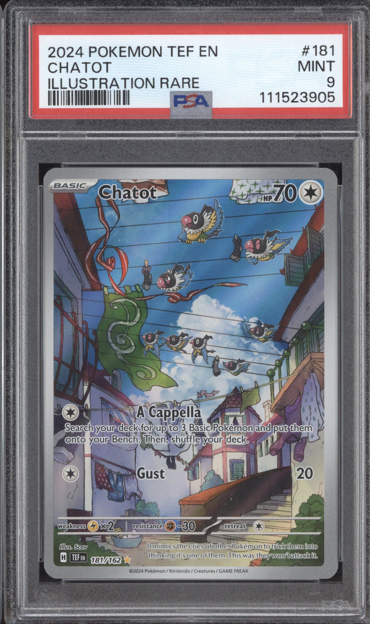 Chatot 2024 Pokemon Temporal Forces 181/162 Illustration Rare PSA 9