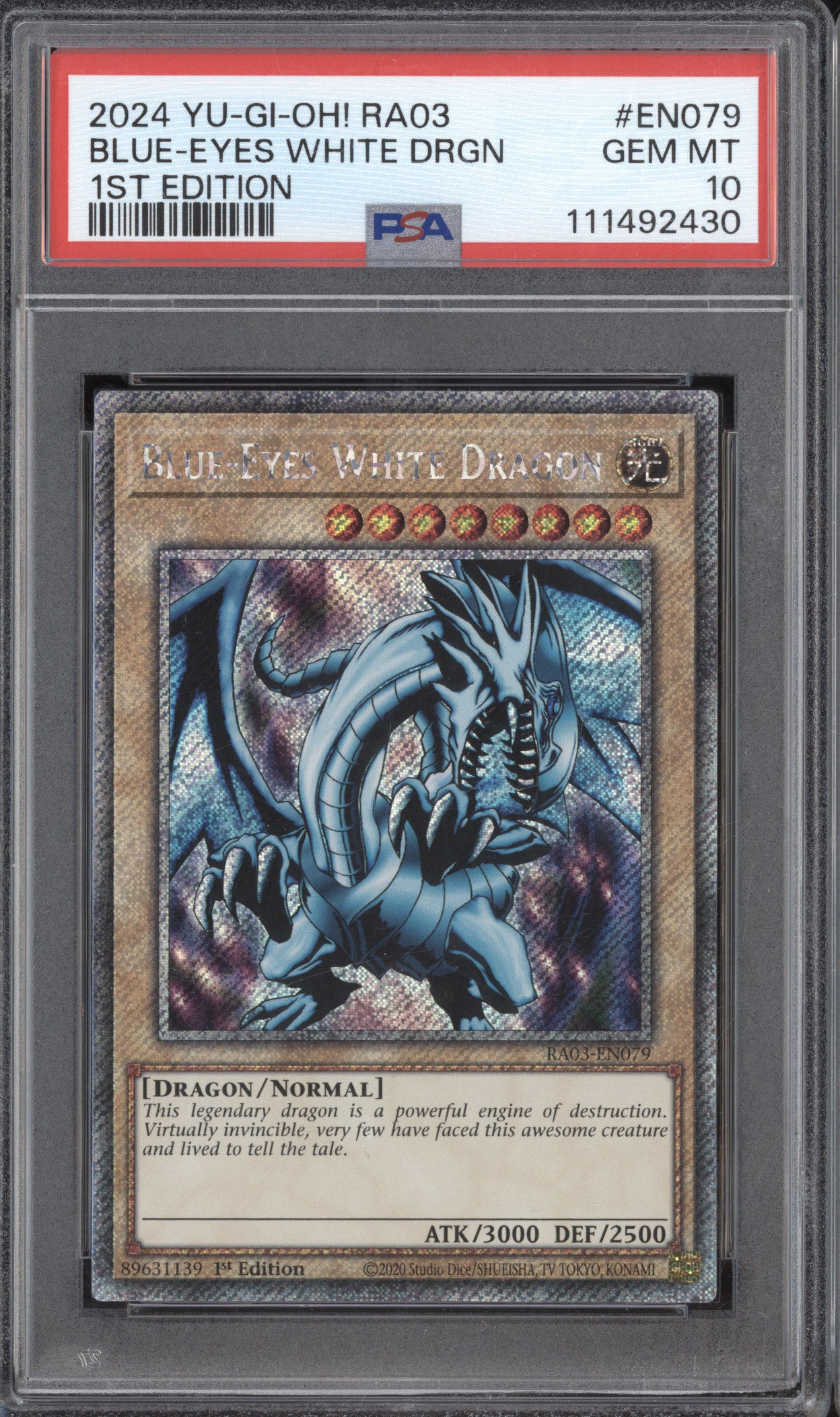 Blue-Eyes White Dragon 2024 YuGiOh QC Bonanza RA03-EN079 1st Edition PSA 10