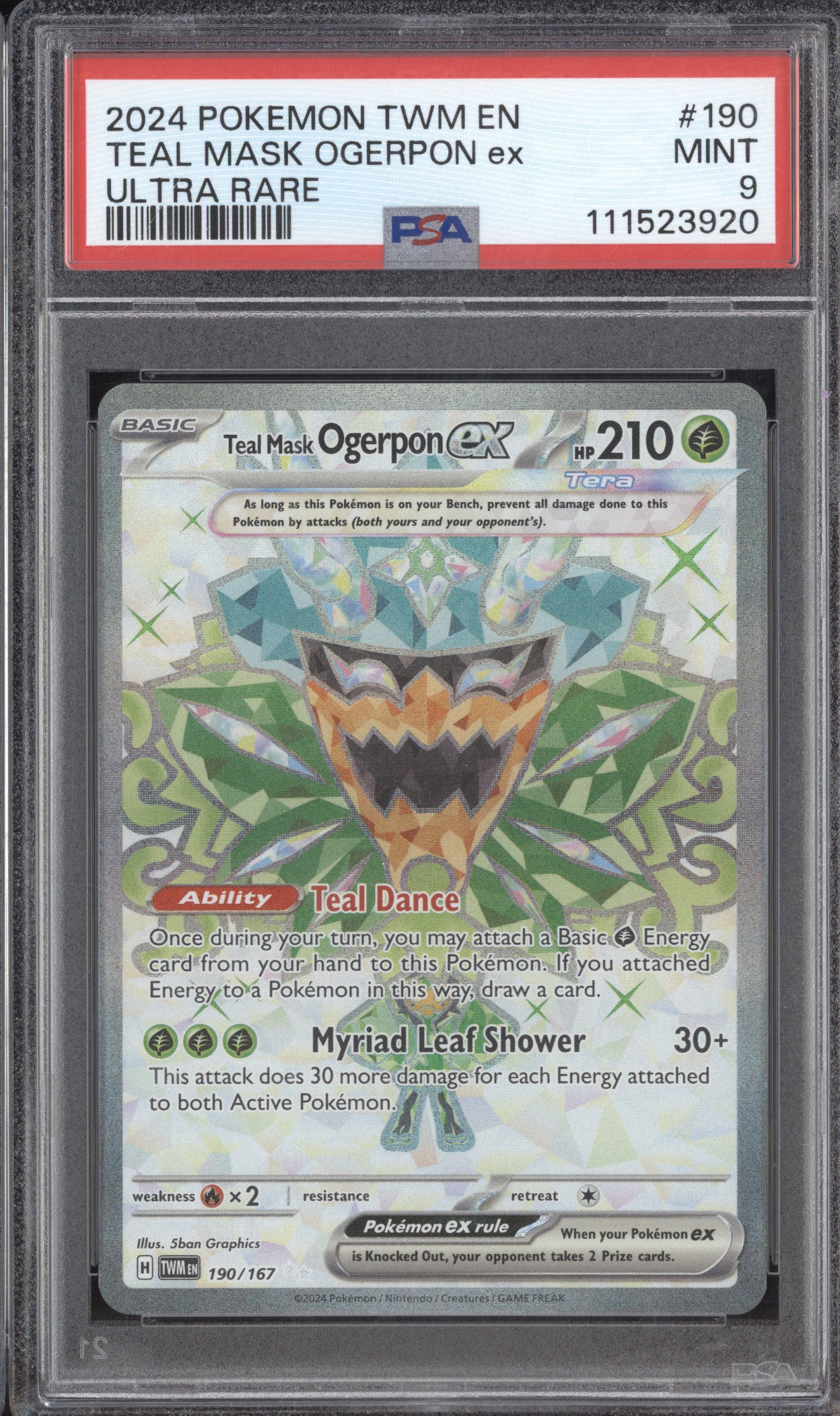 Teal Mask Ogerpon ex 2024 Pokemon Twilight Masquerade 190/167 Ultra Rare PSA 9