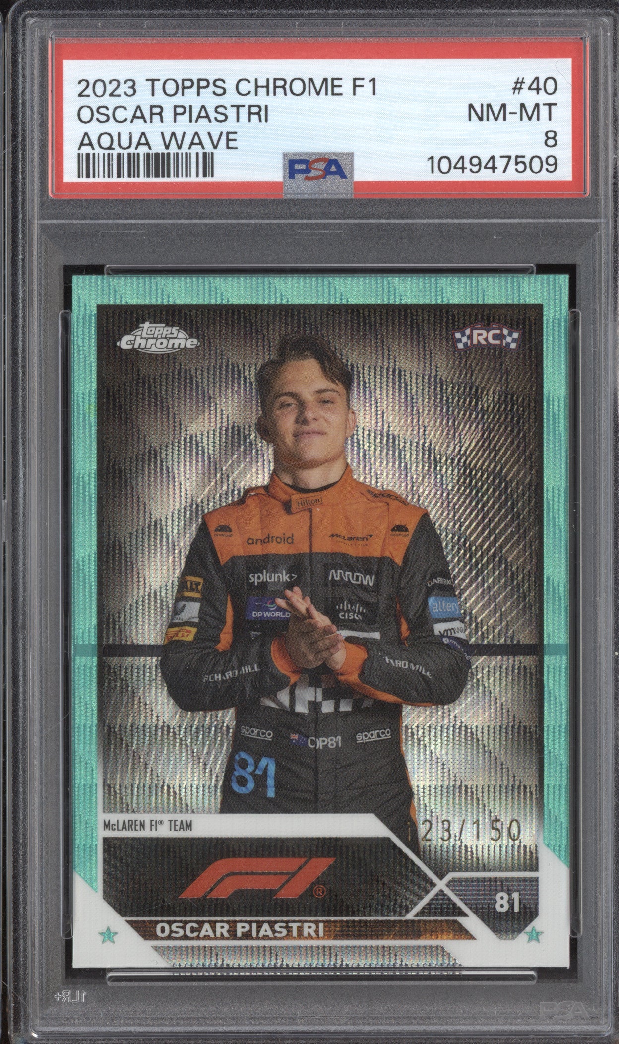 Oscar Piastri 2023 Topps Chrome 40 Aqua Wave RC 123/150 PSA 8
