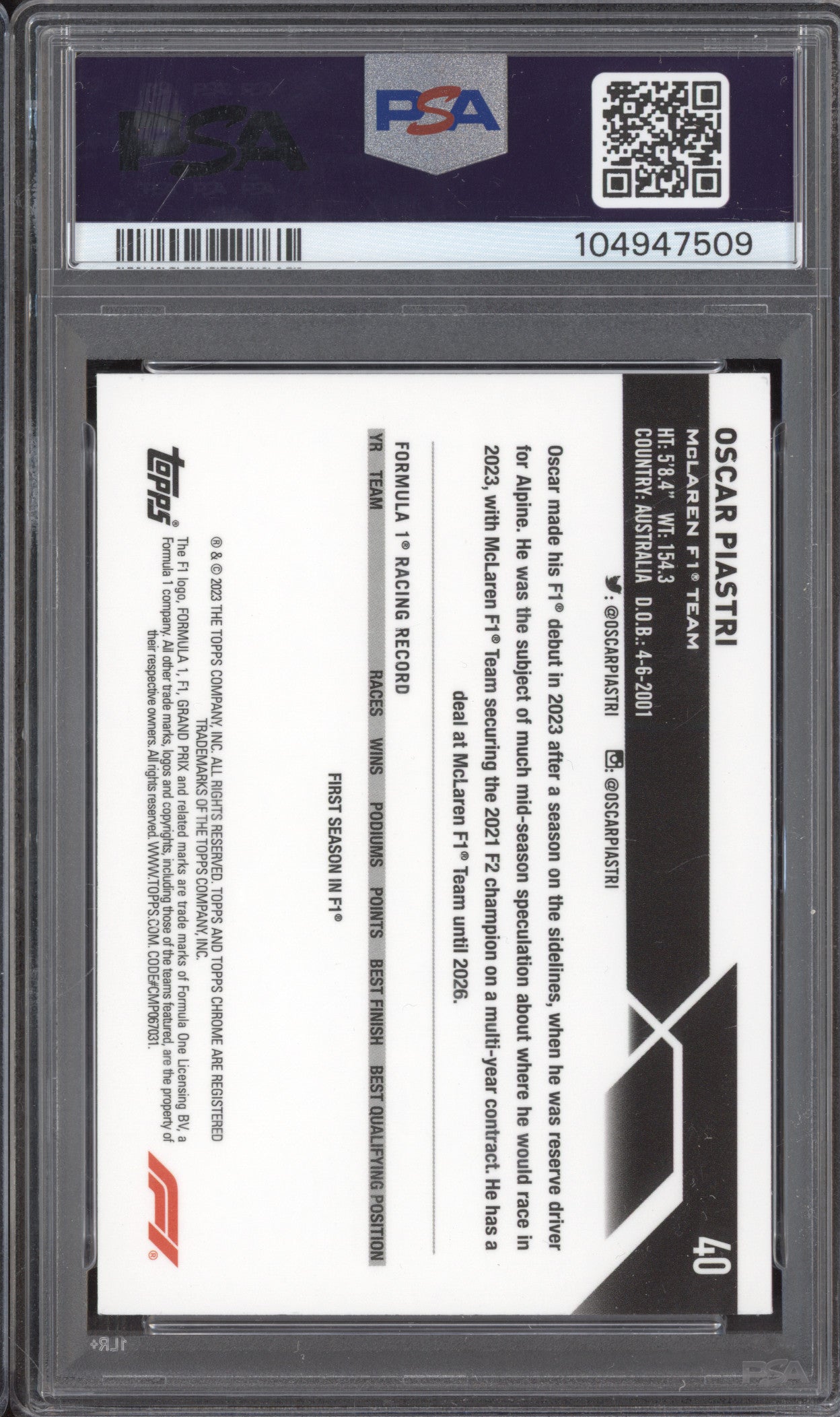 Oscar Piastri 2023 Topps Chrome 40 Aqua Wave RC 123/150 PSA 8