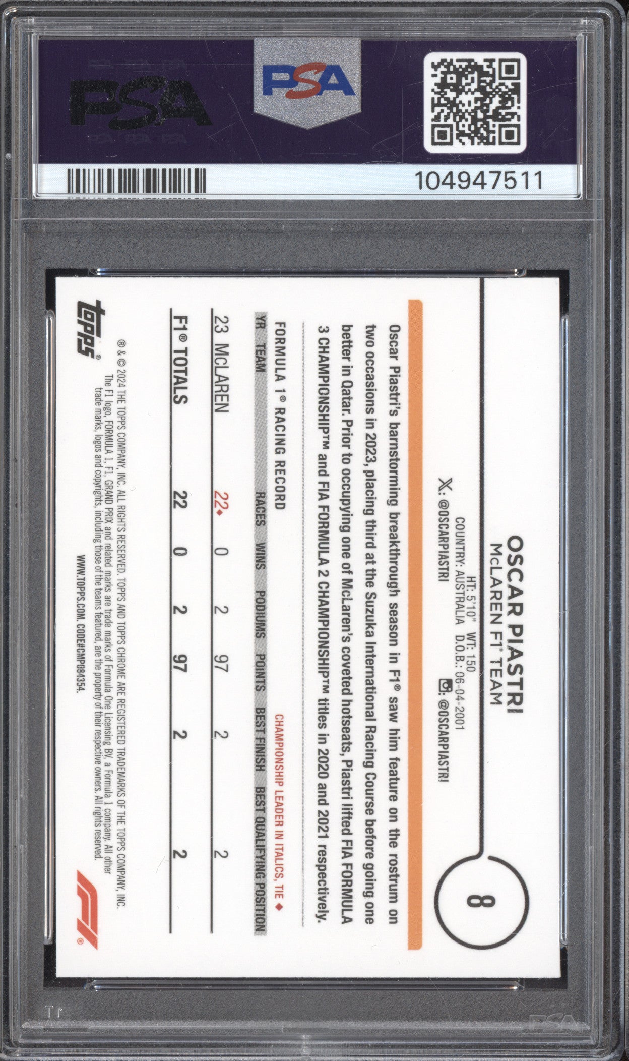 Oscar Piastri 2024 Topps Chrome 8 Red/Green Refractor PSA 9