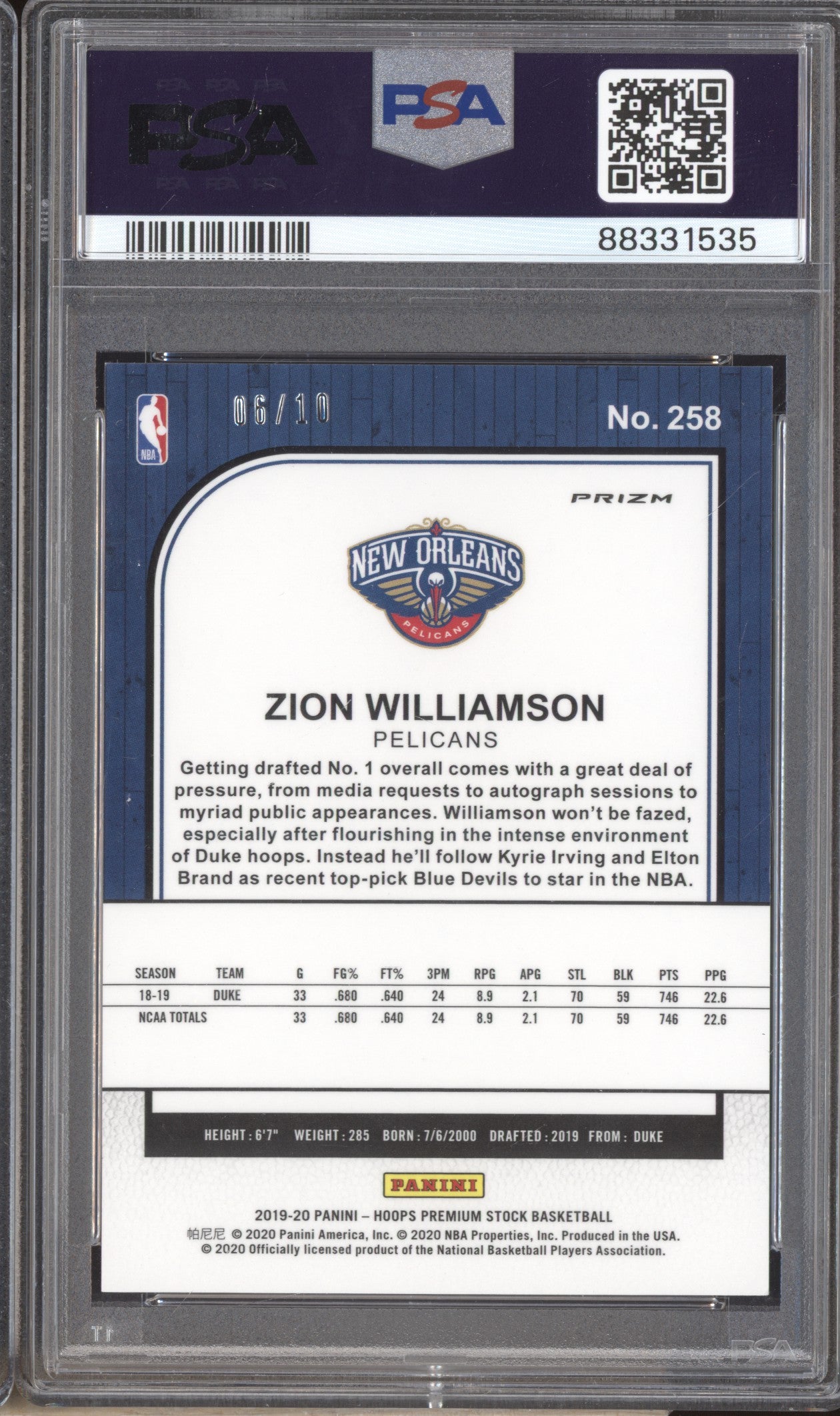 Zion Williamson 2019-20 Panini Hoops Premium Stock 258 Gold Mojo RC 6/10 PSA 10