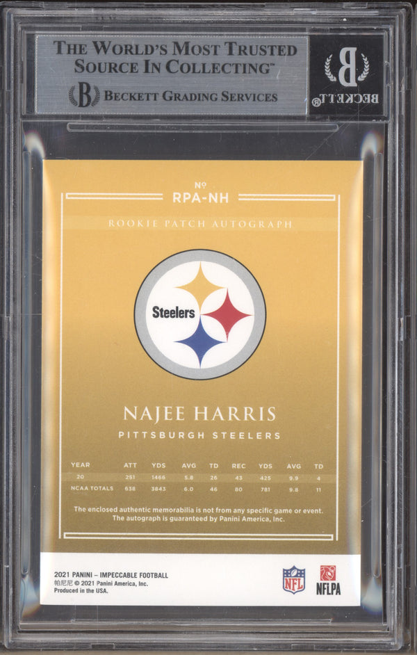 Najee Harris 2021 Panini Impeccable 10 Rookie Patch Auto Gold RC 4/10 BGS 9