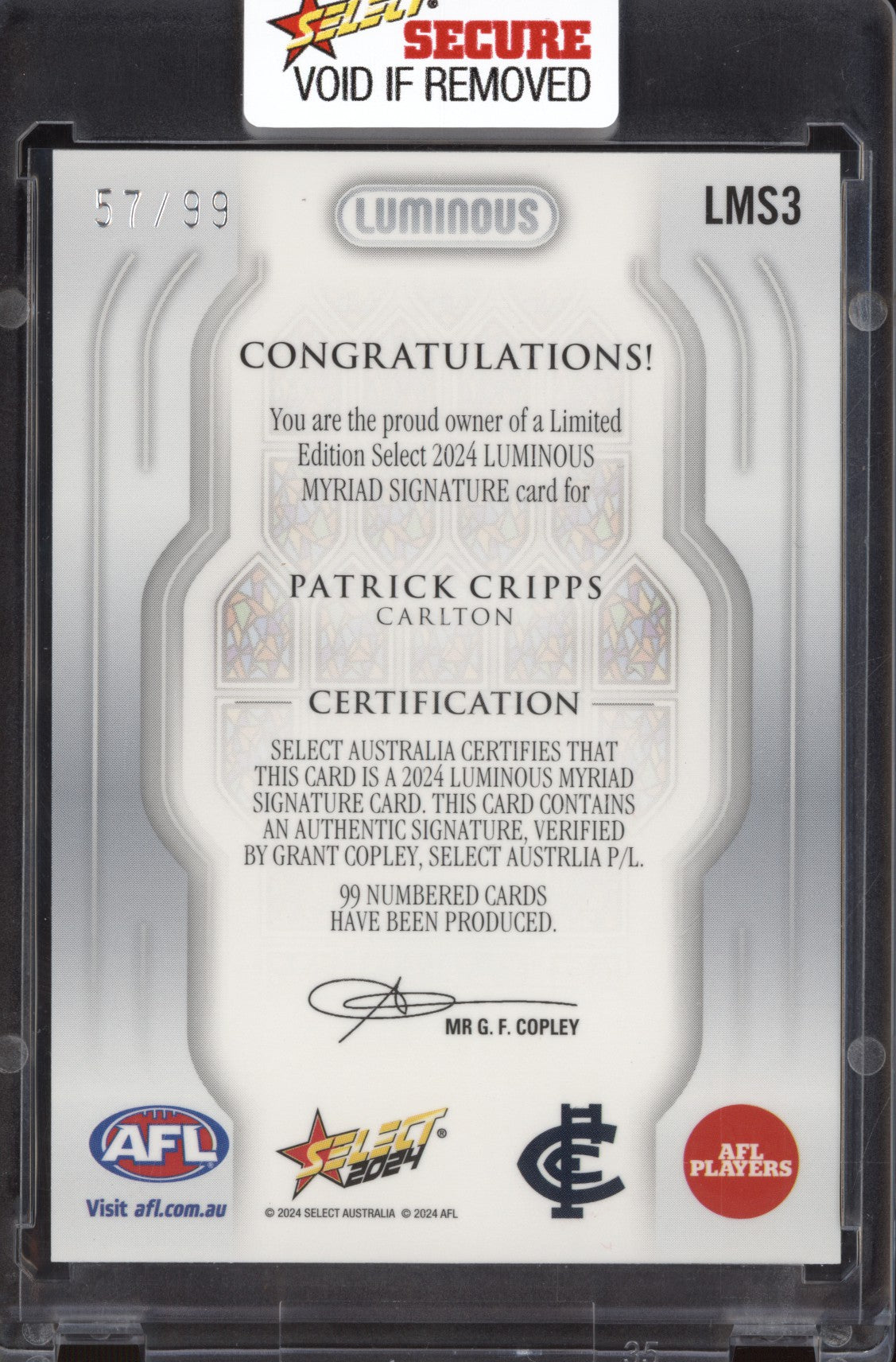 Patrick Cripps 2024 Select Footy Stars LMS3 Luminous Myriad Signature 57/99