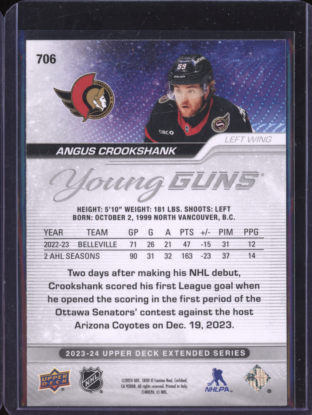 Angus Crookshank 2023-24 Upper Deck Extended Series 706 Young Guns Outburst