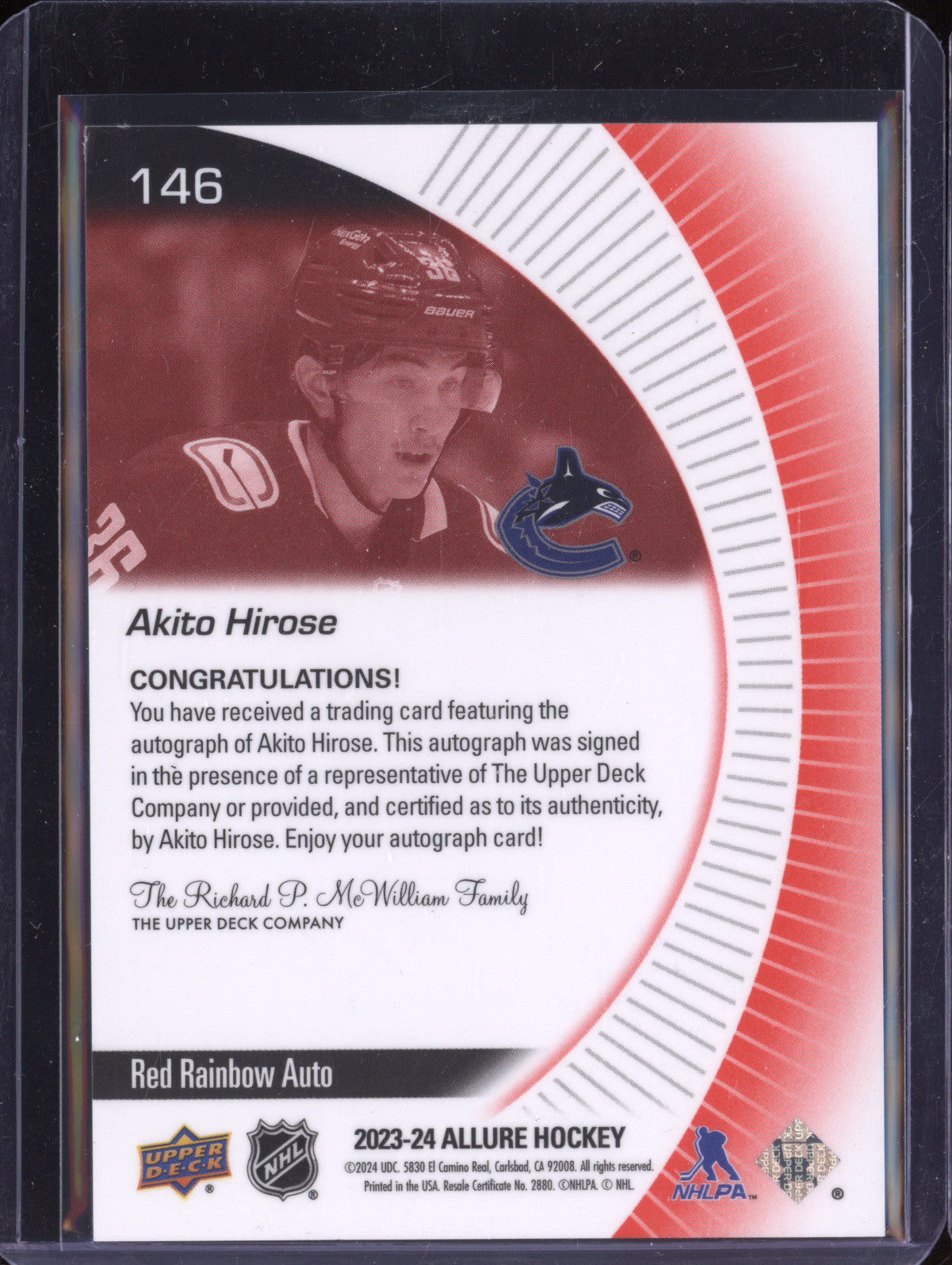 Akito Hirose 2023-24 Upper Deck Allure 146 Red Rainbow Auto RC