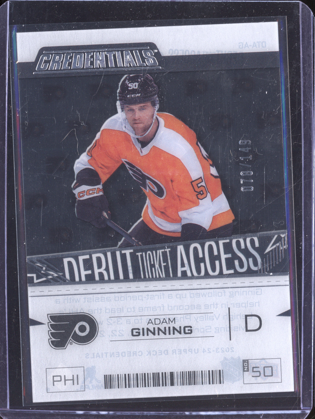 Adam Ginning 2023-24 Upper Deck Credentials AG Debut Ticket Acetate RC 78/149