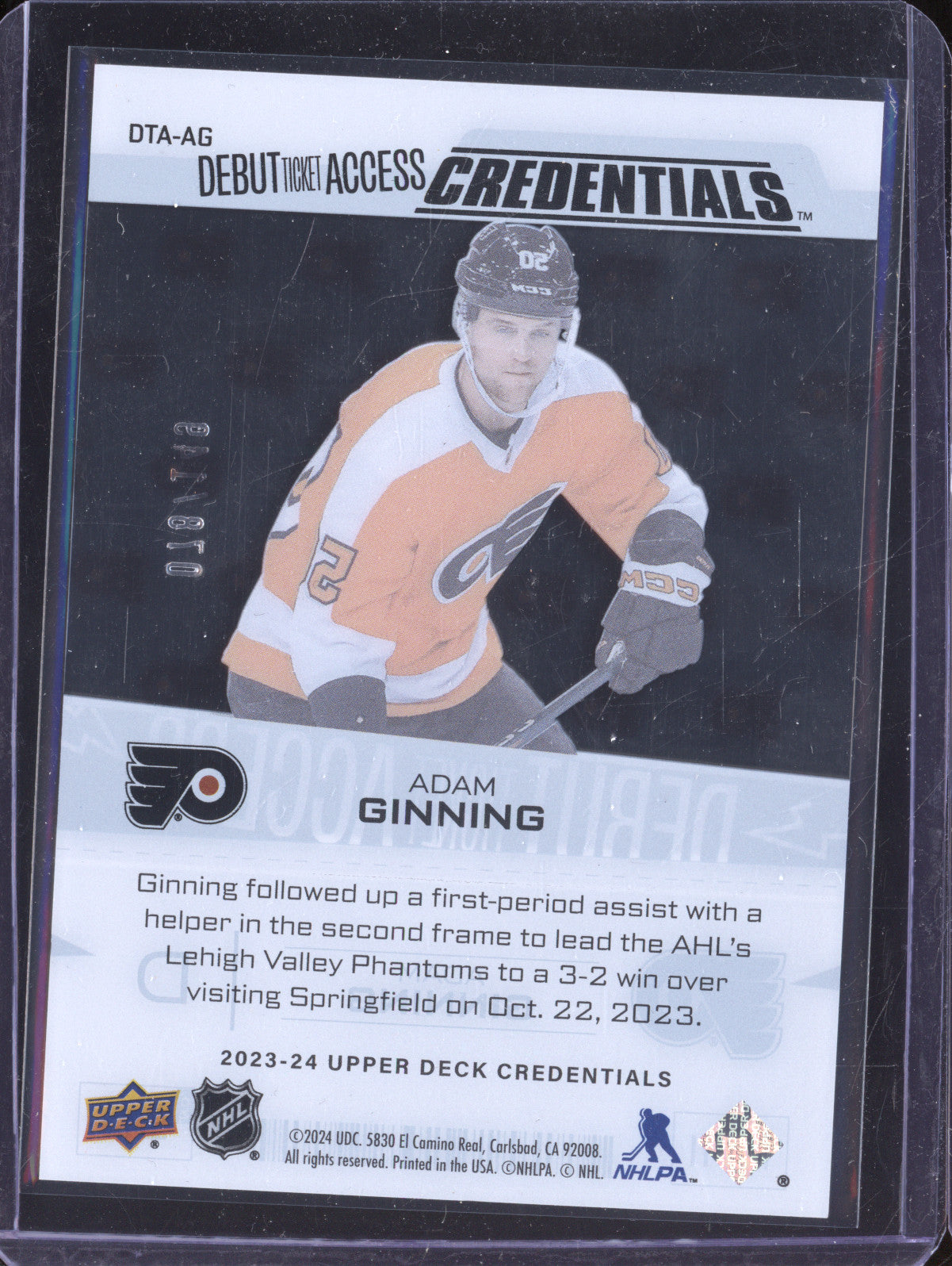 Adam Ginning 2023-24 Upper Deck Credentials AG Debut Ticket Acetate RC 78/149