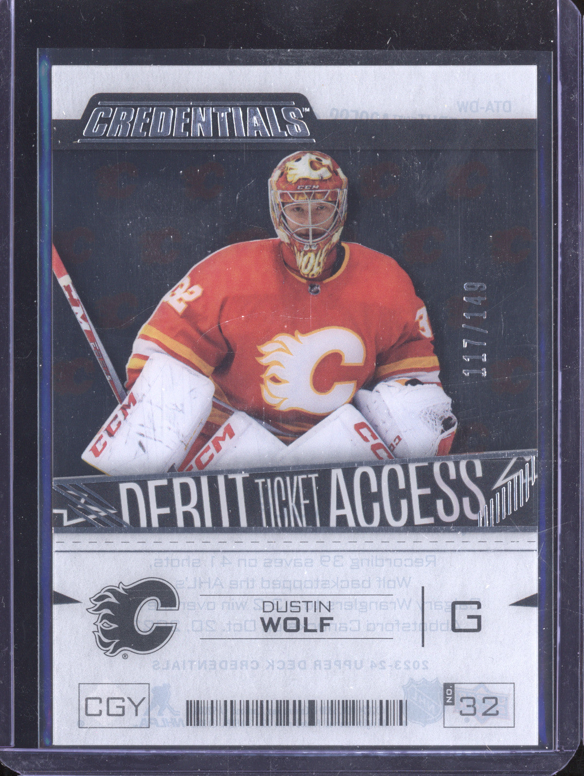 Dustin Wolf 2023-24 Upper Deck Credentials DW Debut Ticket Acetate RC 117/149